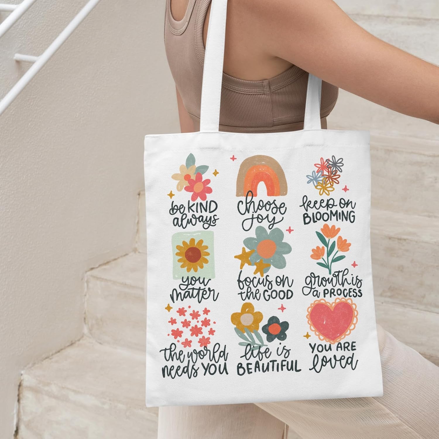 Floral Inspirational Mental Health Tote Bag, Positive Affirmation Gifts for Women, Flower Aesthetic Canvas Tote Bag, Motivational Gifts for Women, Reusable Grocery Shopping Bags - Image 3