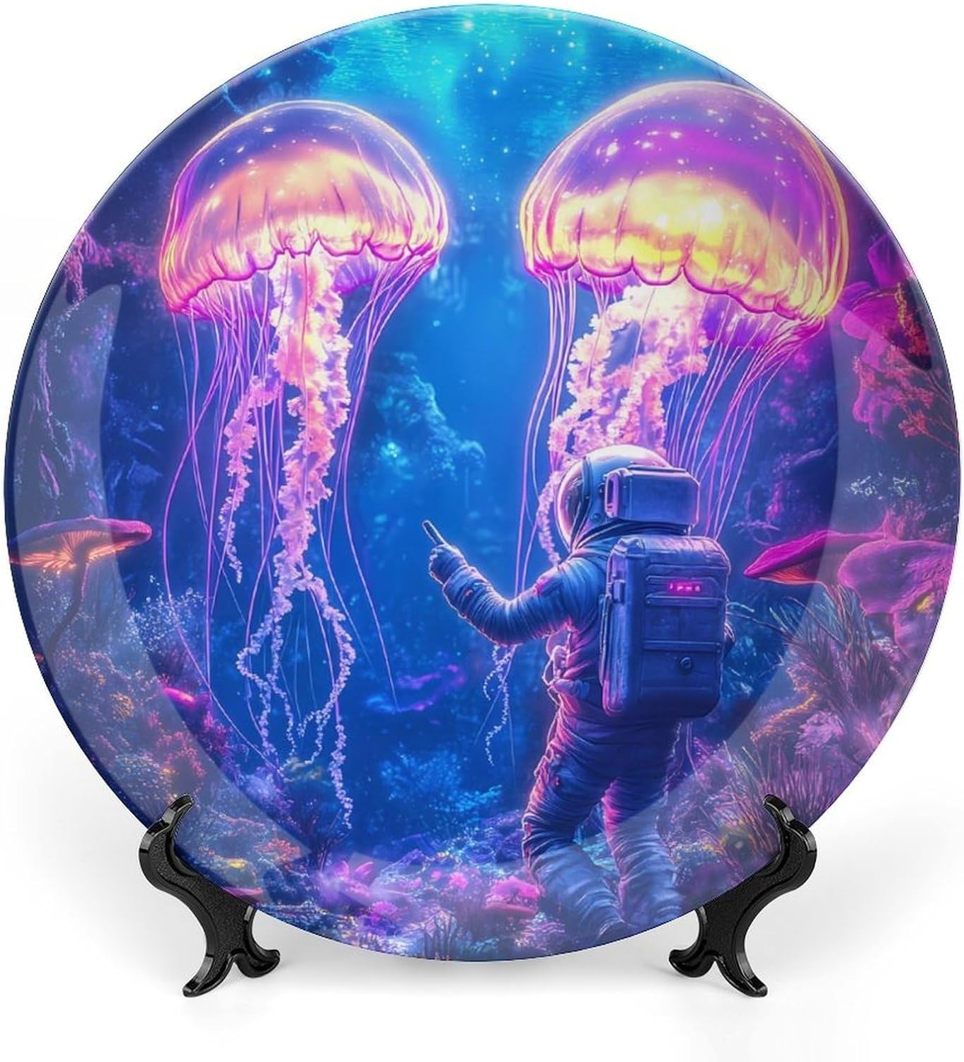 Astronaut Jellyfish Bone China Decorative Plate with Stand Home Dessert Plates Gift for Men Women 6inch