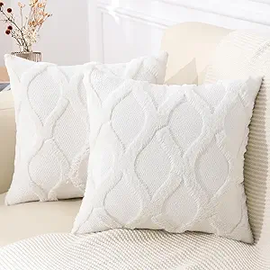decorUhome Throw Pillow Covers 22x22 Inch Set of 2, Soft Plush Faux Fur Wool Cream White Couch Pillow Covers, Decorative Neutral Pillow Cases for Bed Sofa Living Room Home Decor