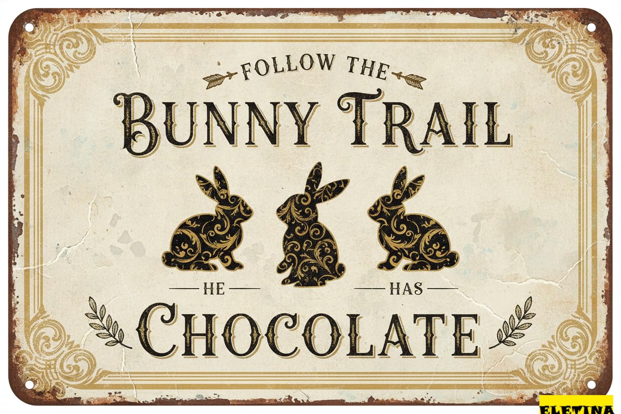 Follow Bunny Trail He Has Chocolate Tin Sign, 8x12 Inch