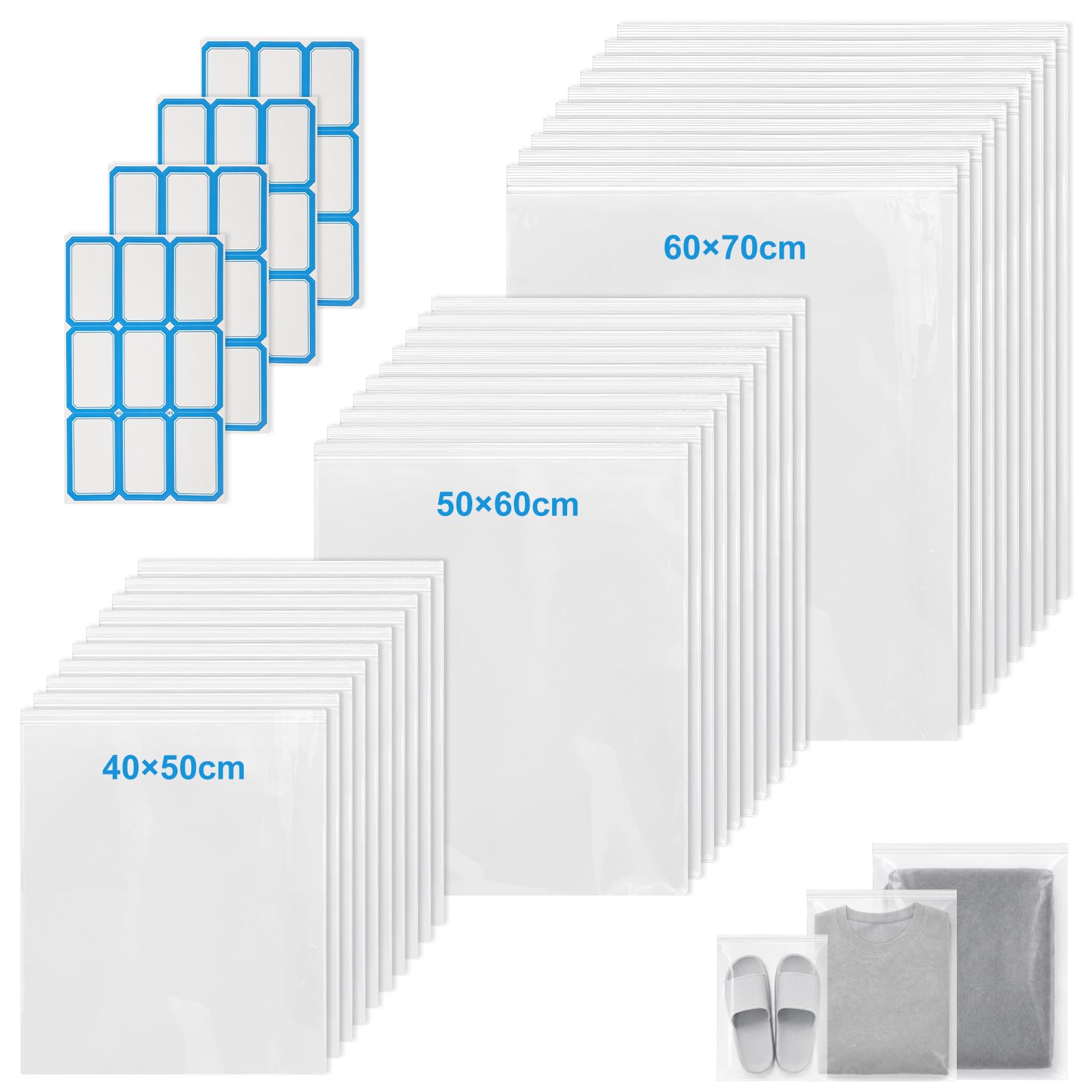 30 Pcs Large Ziplock Bags for Clothes, 70×60cm/60×50cm/50×40cm, Waterproof