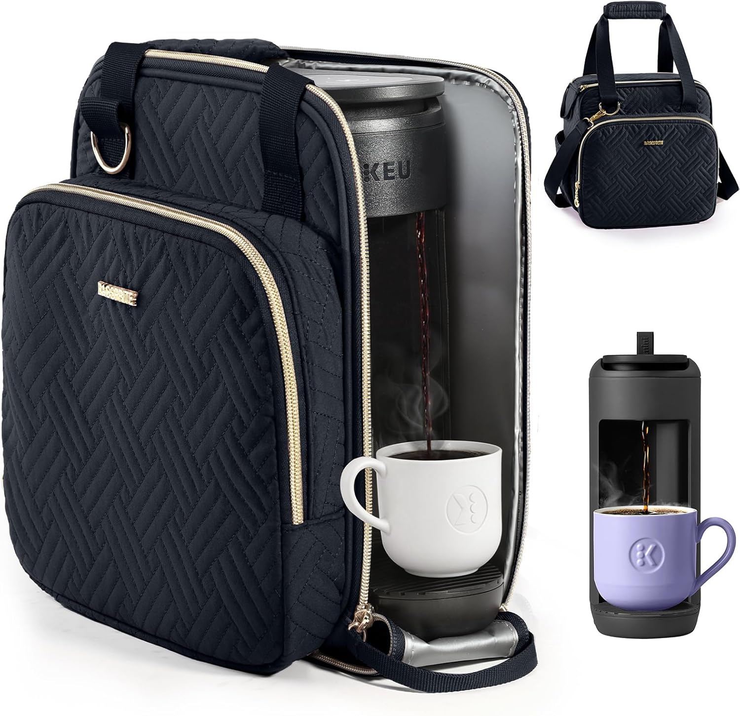 BAGSPRITE Coffee Maker Travel Bag Compatible with Keurig K-Mini Mate, Full Open Carrying Case with Quilted Padded Soft Microfiber, K–Cup Single Serve Coffee Maker Bag with Pod Organizer, Mug Pockets