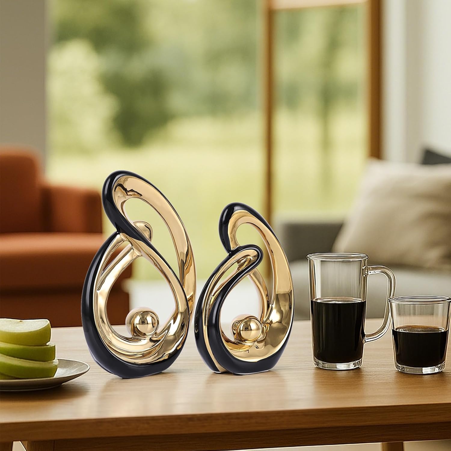 Abstract Ceramic Statue Set of 2, Black and Gold Home Decor, Modern Art Living Room Decor, Room Accessories tv cabinets Bookshelves dividers Dining Table centerpieces, Foyer Entry Decor.
