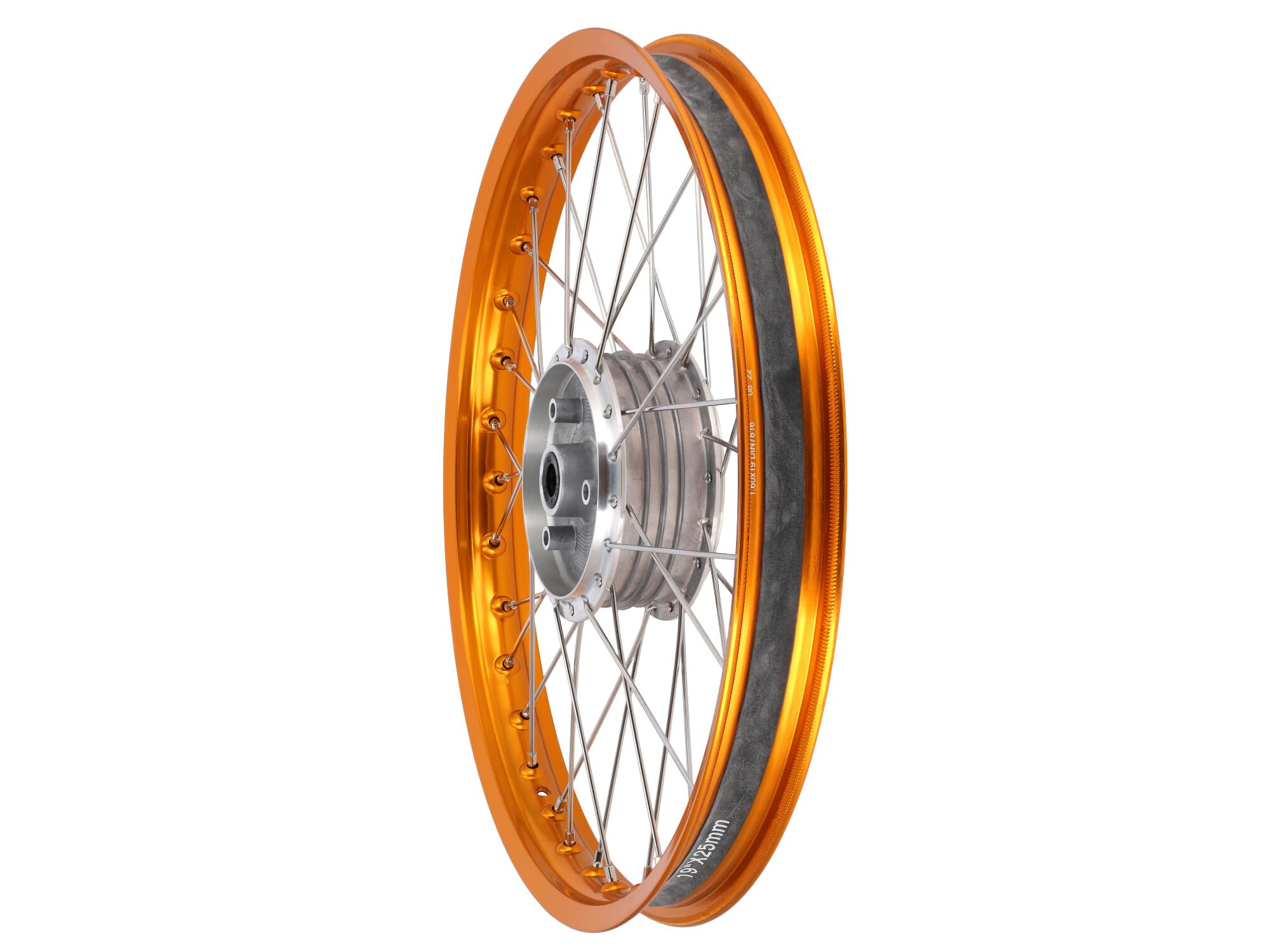 Rueda de radios 1,6 x 19" con llanta de aluminio anodizado en naranja, radios de acero inoxidable - Simson S53OR, S83OR