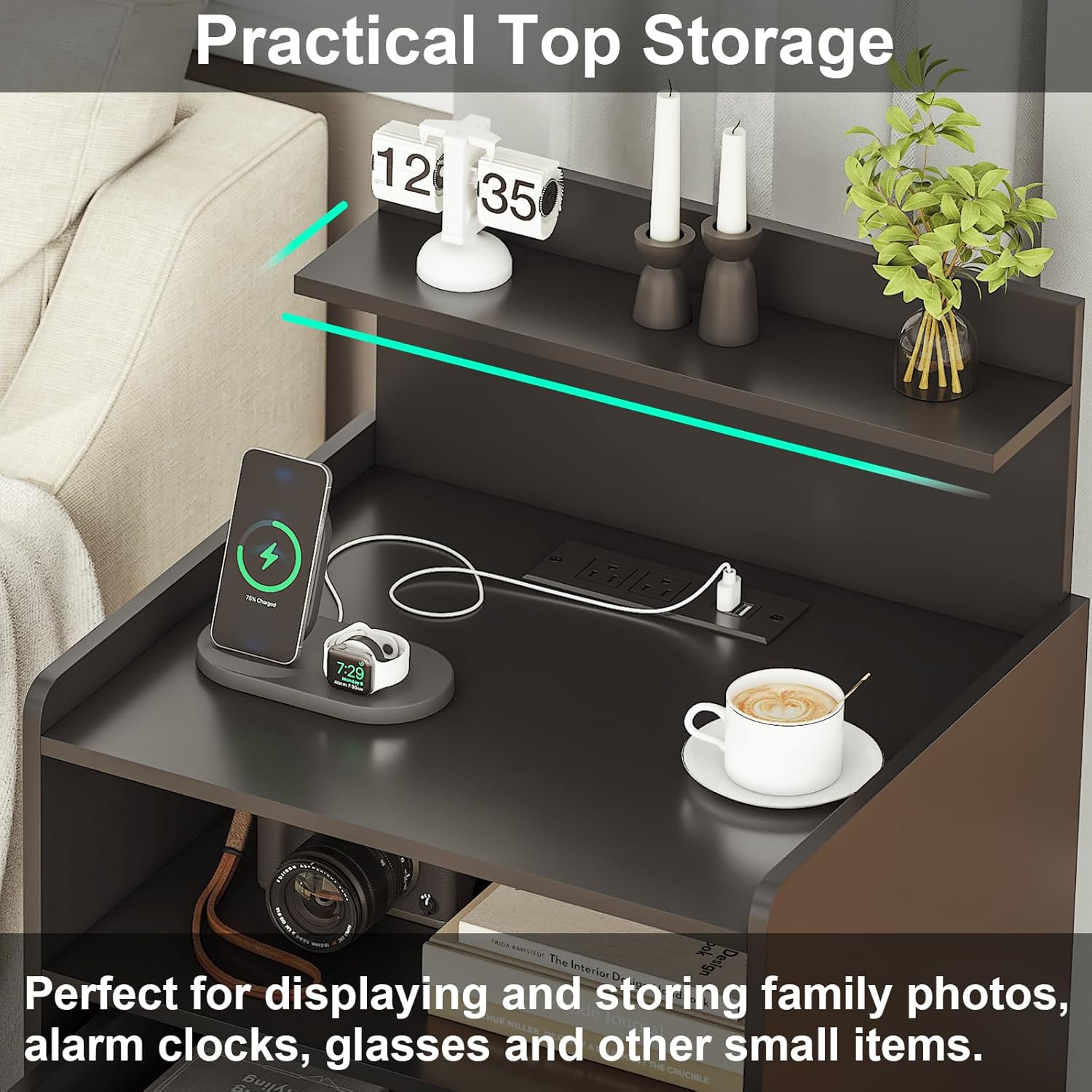 LED Nightstand with Charging Station, Night Stand with 2 Drawers and Open Storage, Bedside Table with LED Lights, Modern End Table with USB Ports Outlets, Black