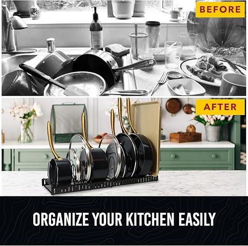 Miniatura 6 de Organizador de ollas y sartenes para gabinete, organizador de sartenes expandible  Soporte para tapa de olla con 10 compartimentos ajustables para