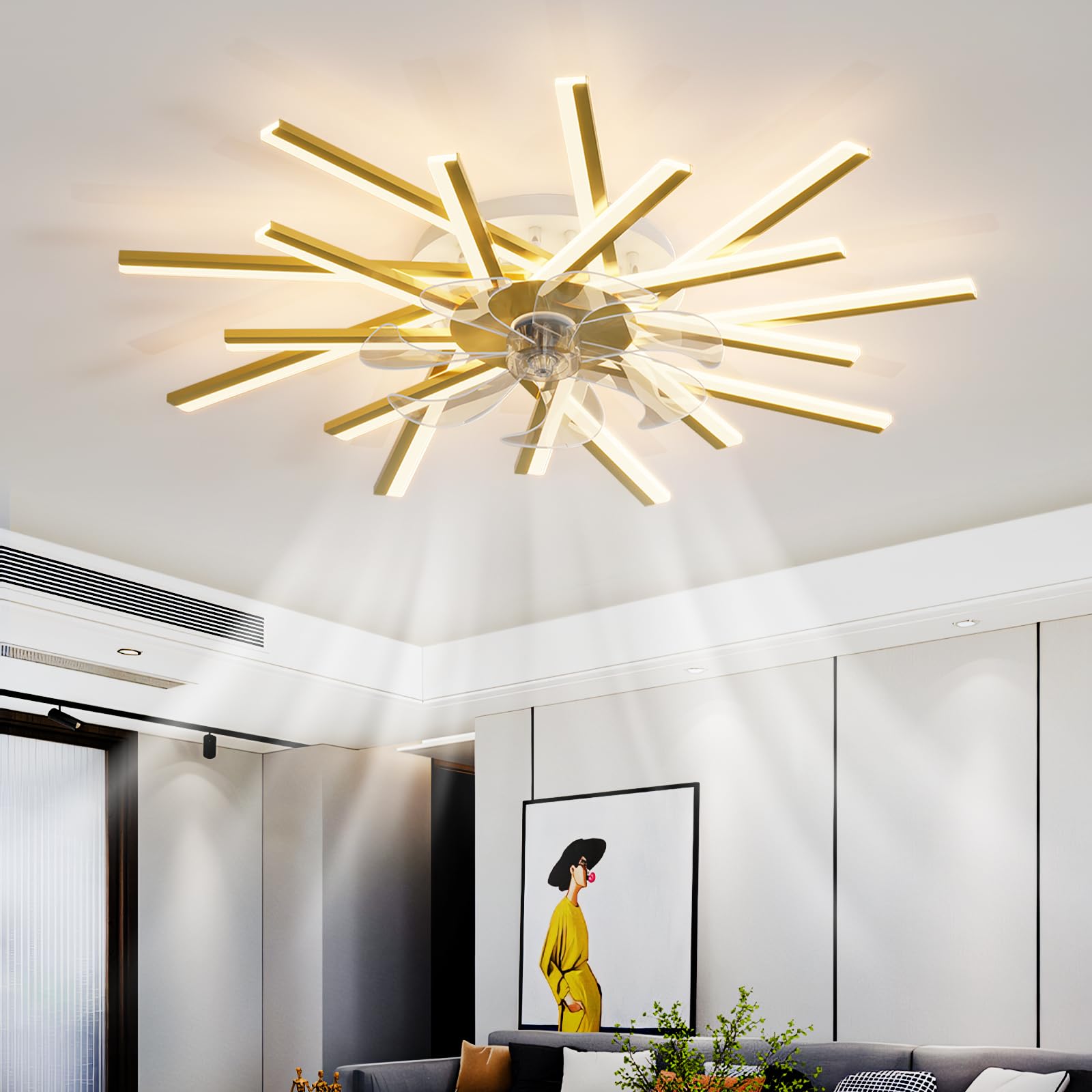 SXDMOUBK Modern Gold Chandelier Ceiling Fan with Dimmable Memory LED Lights Remote Control and APP 6 Speeds Timer Reversible Silent Ideal for Living Room Bedroom 92CM