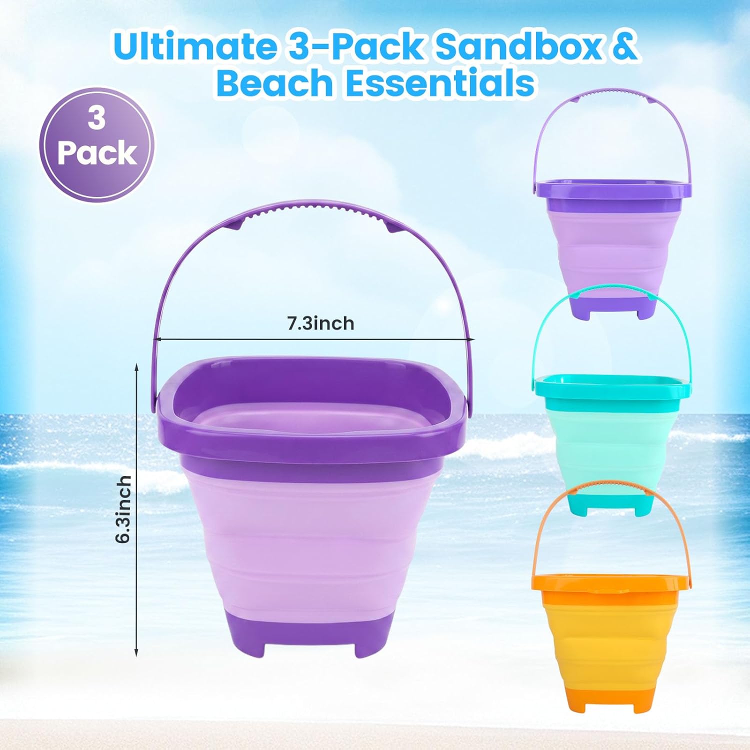 Shindel 3Set Collapsible Beach Buckets, Foldable Sand Toys, for Kids Toddlers Outdoor Activities, Beach Fun Summer Vacation, Camping Gear, Travelling