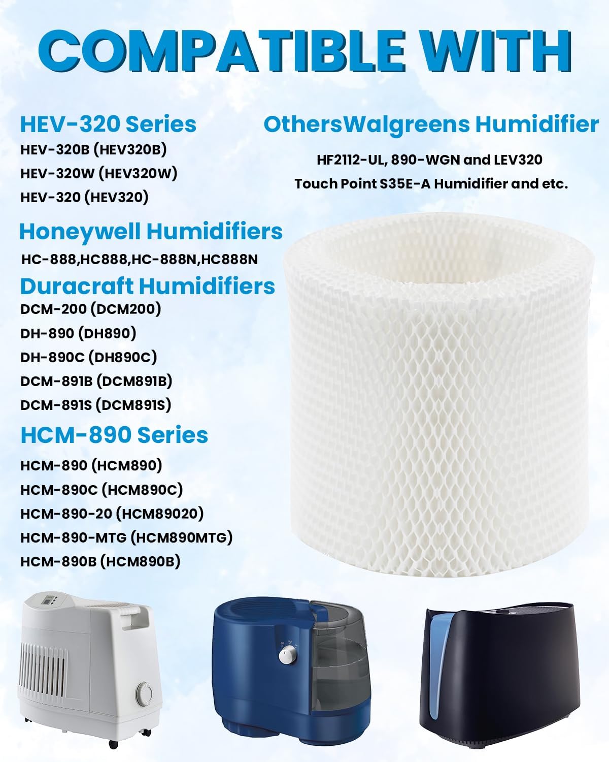 HC-888 HC-888N Humidifier Wicking Filter C Replacement, Compatible with Honeywell HCM-890 HEV-320 Series, Duracraft DCM-200 DH-890, Walgreens 890-WGN,Cool Mist Humidifier Filters