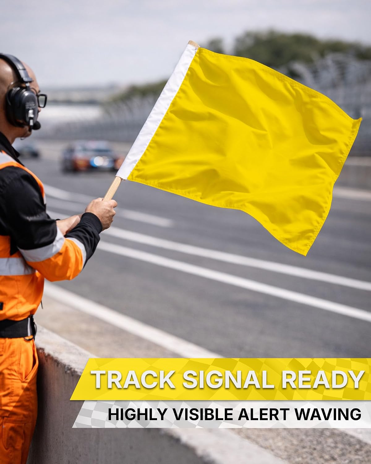 AGAS Yellow Racing Caution Flag 30x30 Inch – Professional Motorsports Safety Flag with 36 Inch Wooden Pole, Heavy Duty 200D Nylon, Single-Sided Printed, Stitched Edges – Track, Auto Racing, Sports Official Flag