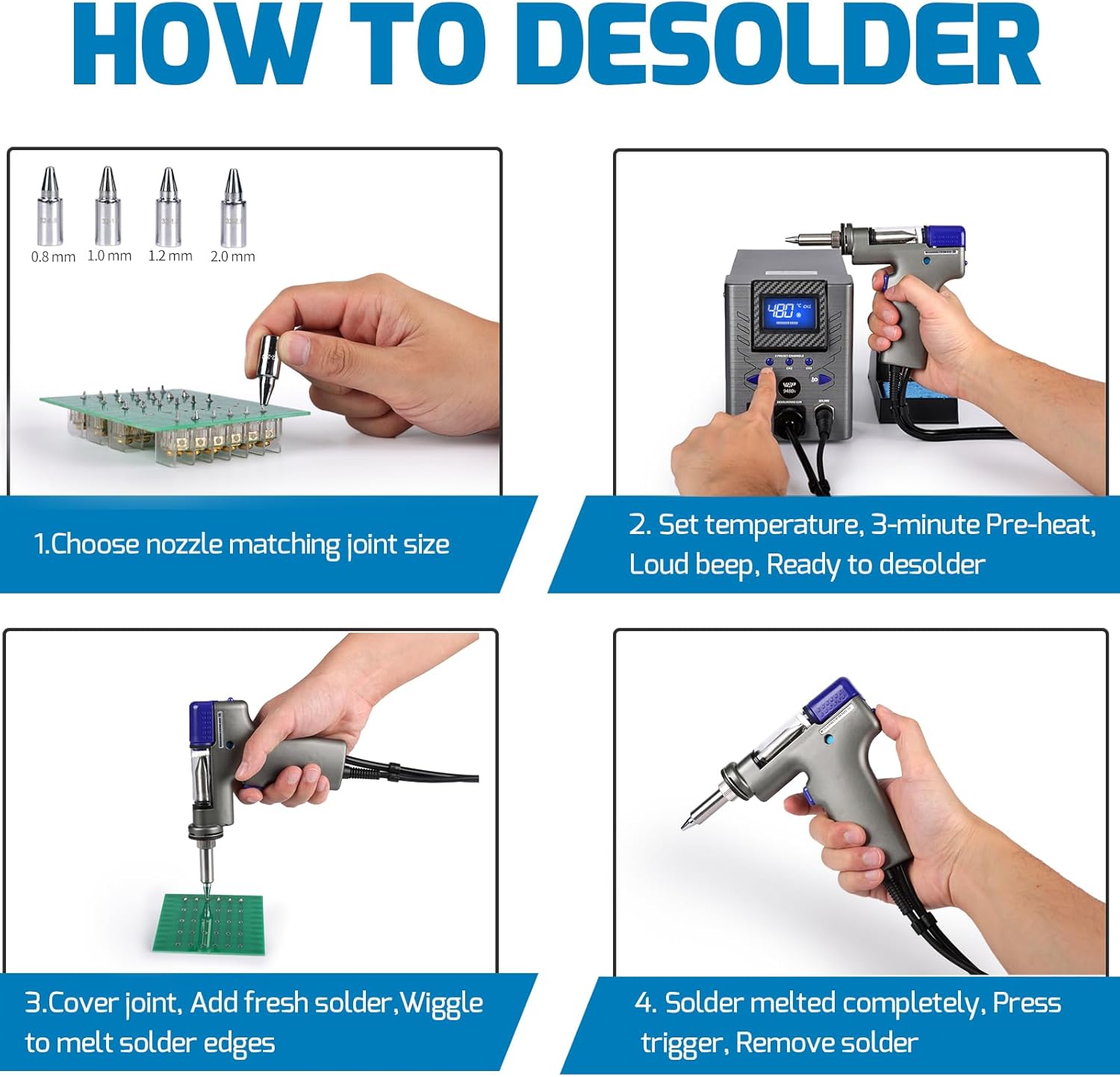 Four-step guide on how to desolder using the WEP 948D-I desoldering gun