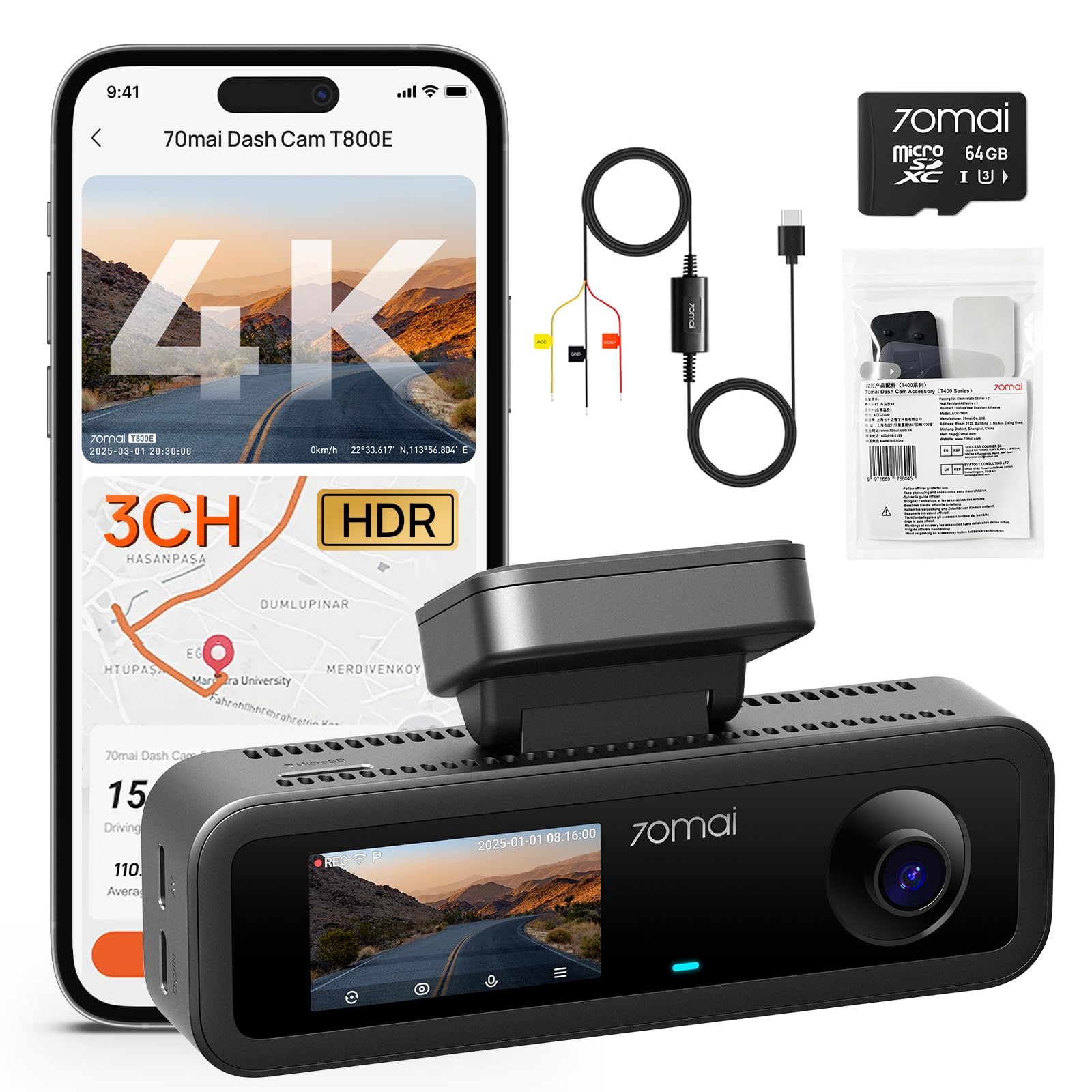 【70mai T800E dashcam+64GB Karte+UP03+ACC-T400】Product Image 70mai T800E 4K Dashcam Auto 3-Kanal, 4K+1080P+1080P Vorne Hinten Innen 3 Channel Autokamera mit HDR F1.55, IR Nachtsicht, 24 Parküberwachung