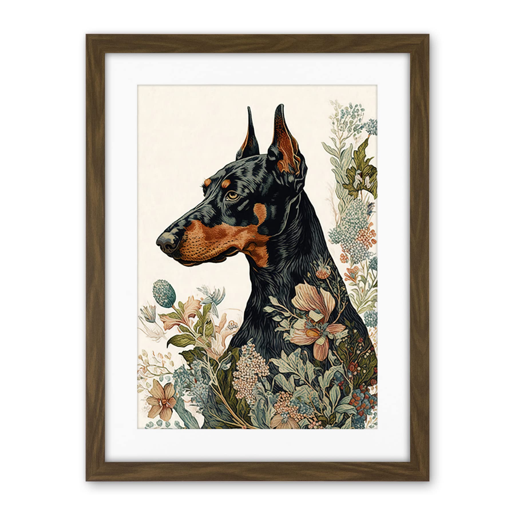 Artery8 Doberman Dog with Wild Flowers Boho Watercolour Illustration Artwork Framed Wall Art Print 18X24 Inch