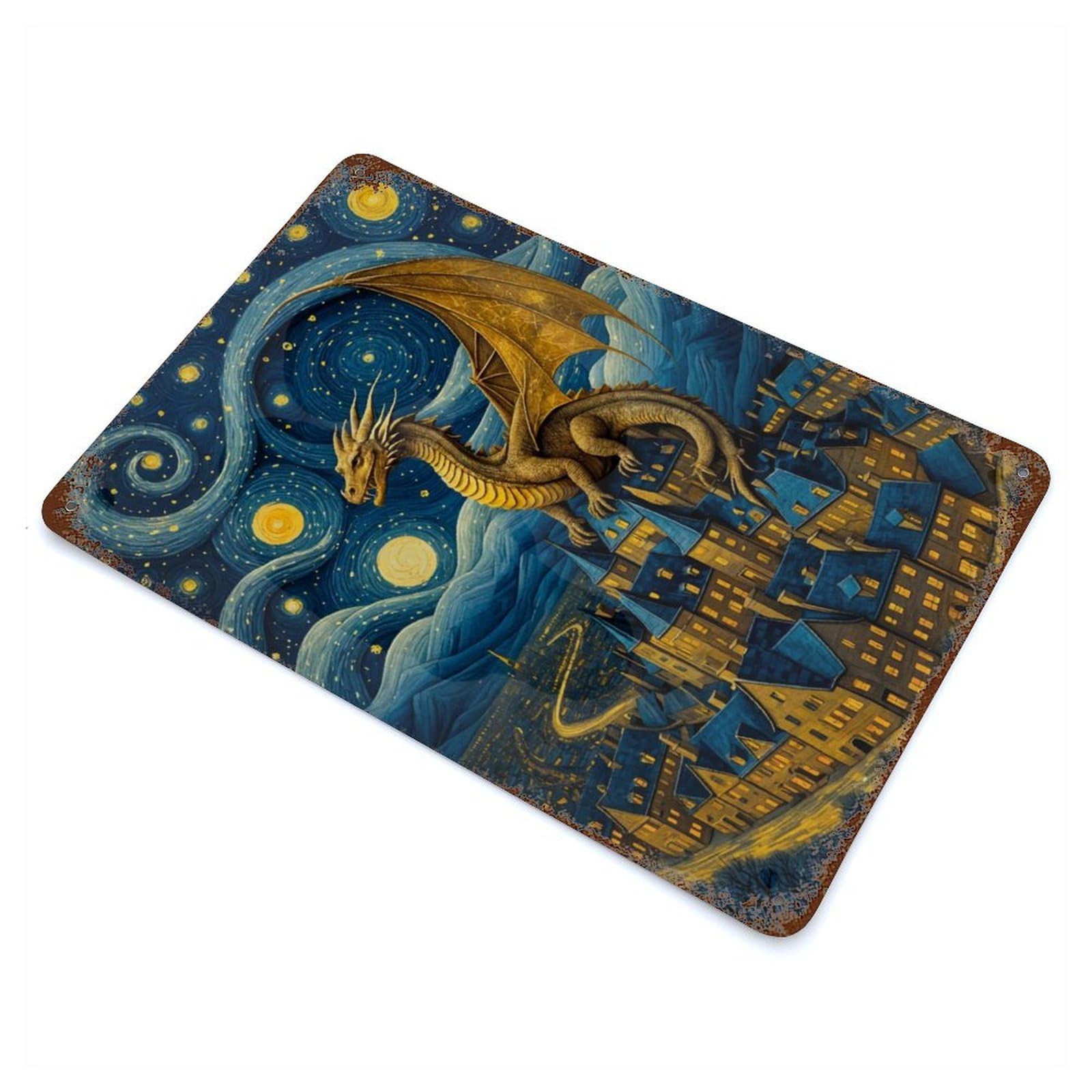 Rust Effect Dragon Van Goghs Starry Vintage Rust Metal Sign 11.8"x7.9", Classic Wall Plaque for Shed, Workshop And Garage Wall Decor