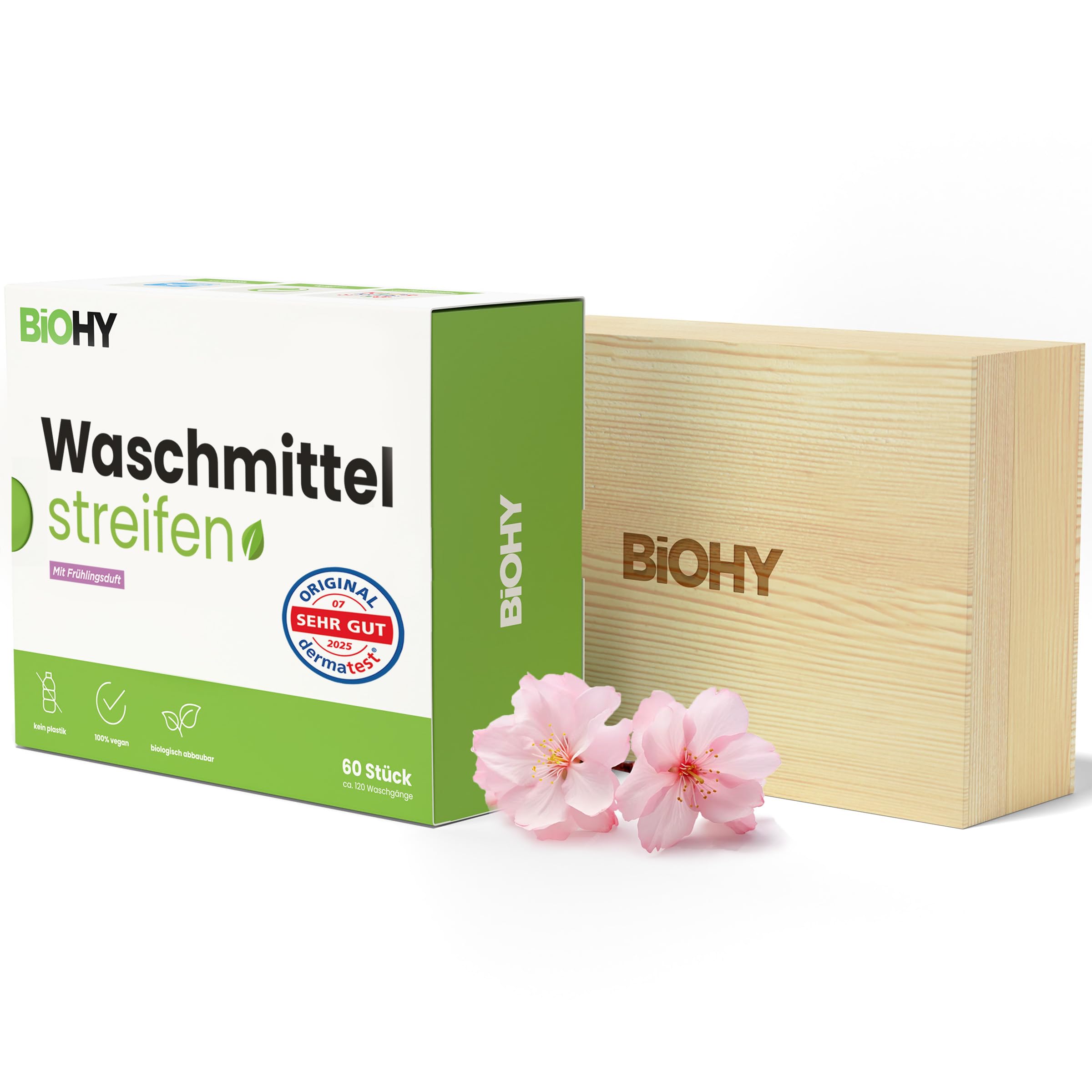 BiOHY Waschmittel Blätter mit Frühlingsduft (1 x 60 Stück) + Aufbewahrungsbox aus Holz | Nachhaltiges UNIVERSAL Reisewaschmittel ohne Plastik | 100% biologisch abbaubares Waschpapier