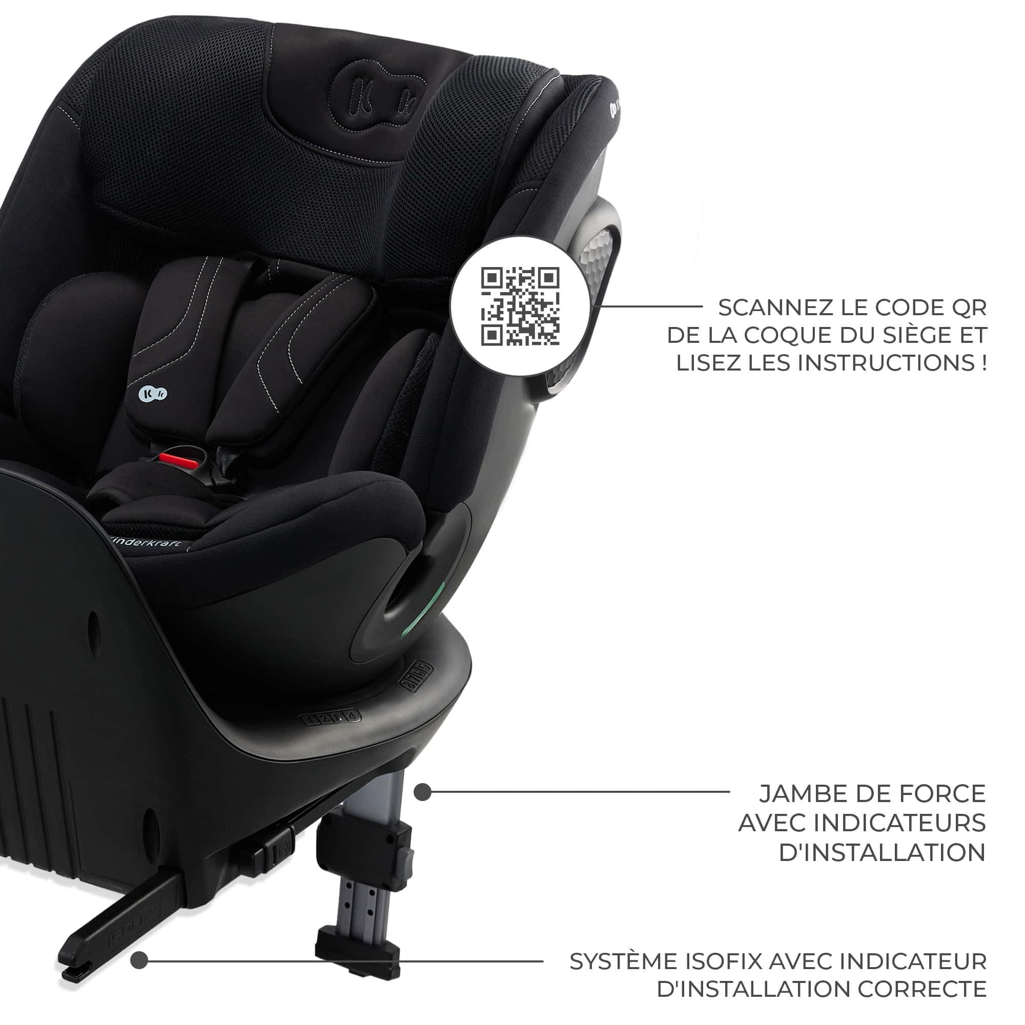Kinderkraft XRIDER2 I-SIZE 40-125 cm, Siège auto bébé 0 à 25 kg évolutif, 0-7 ans, Isofix 360° pivotant, FWF, RWF, Protections latérales, Harnais Internes à 5 Points, Noir
