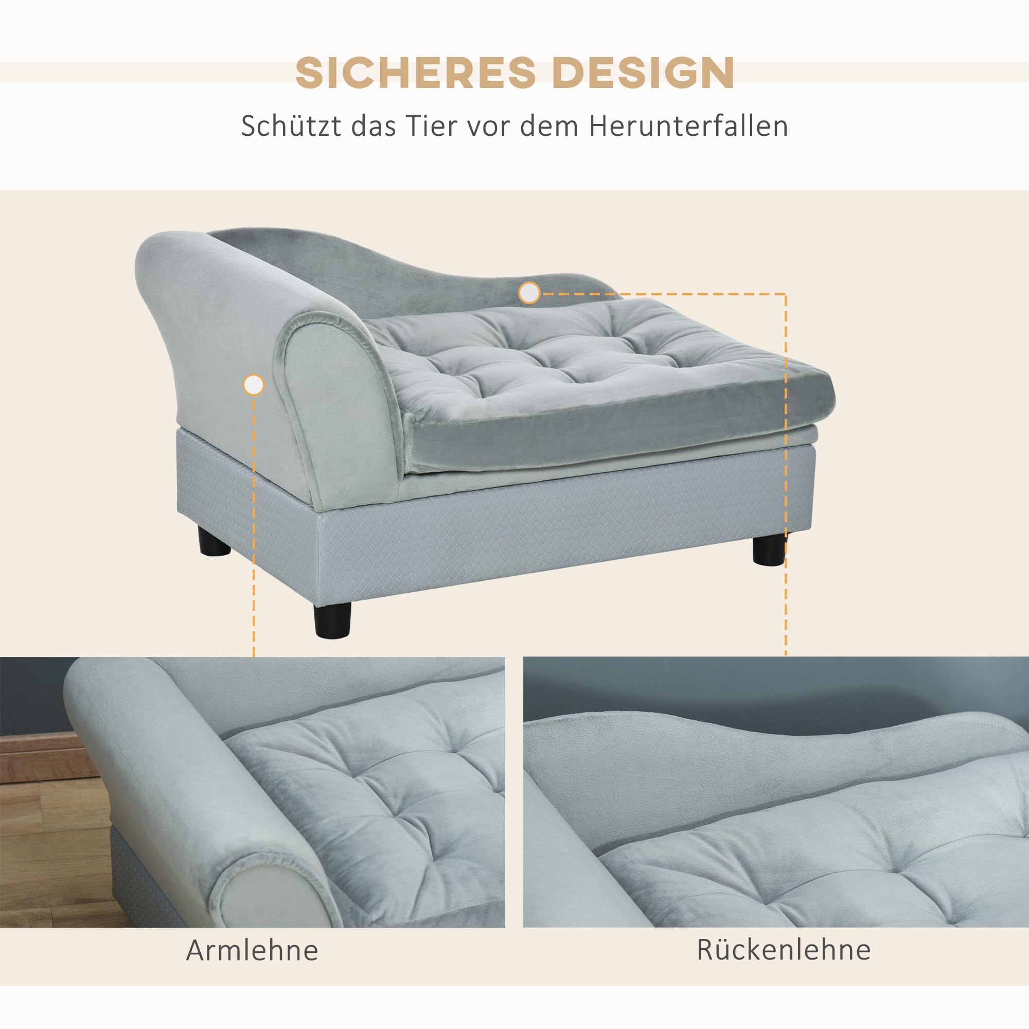 PawHut Hundesofa Hundebett Hundecouch aus Plüsch mit Lagerraum, Rückenlehne, Kissen Katzensofa für kleine Hunde 76 x 45 x 43 cm Hellgrau