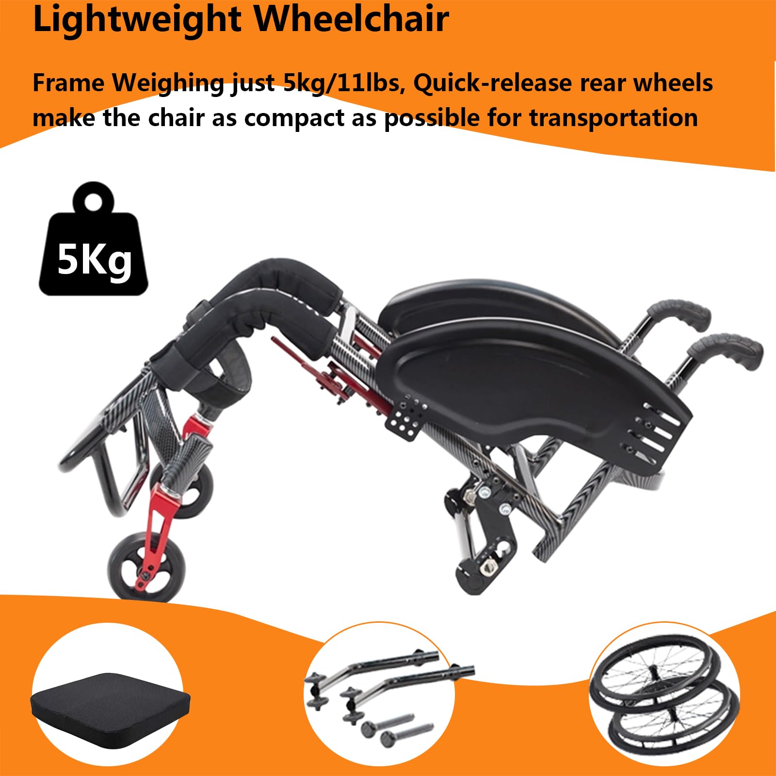 Silla Ruedas autopropulsada Ligera para Adultos, Silla de Ruedas para Deportes, Aluminio, de tránsito, Rueda de Mano de Fibra de Carbono(38cm/14.9in Seat,Sports)
