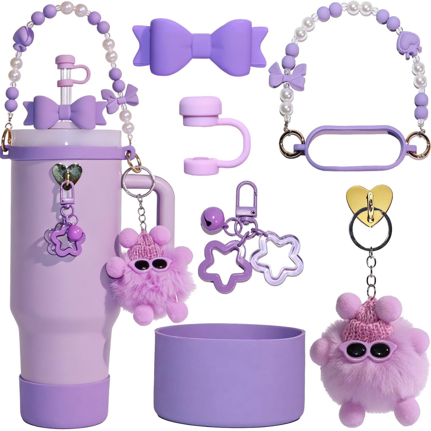 8pcs stanley cup accessories set, tumbler accessories with sweet bow beaded chain handle, purple bow straw charm and tip cover, soft bottom sleeve, cute cup decorations, cup not included