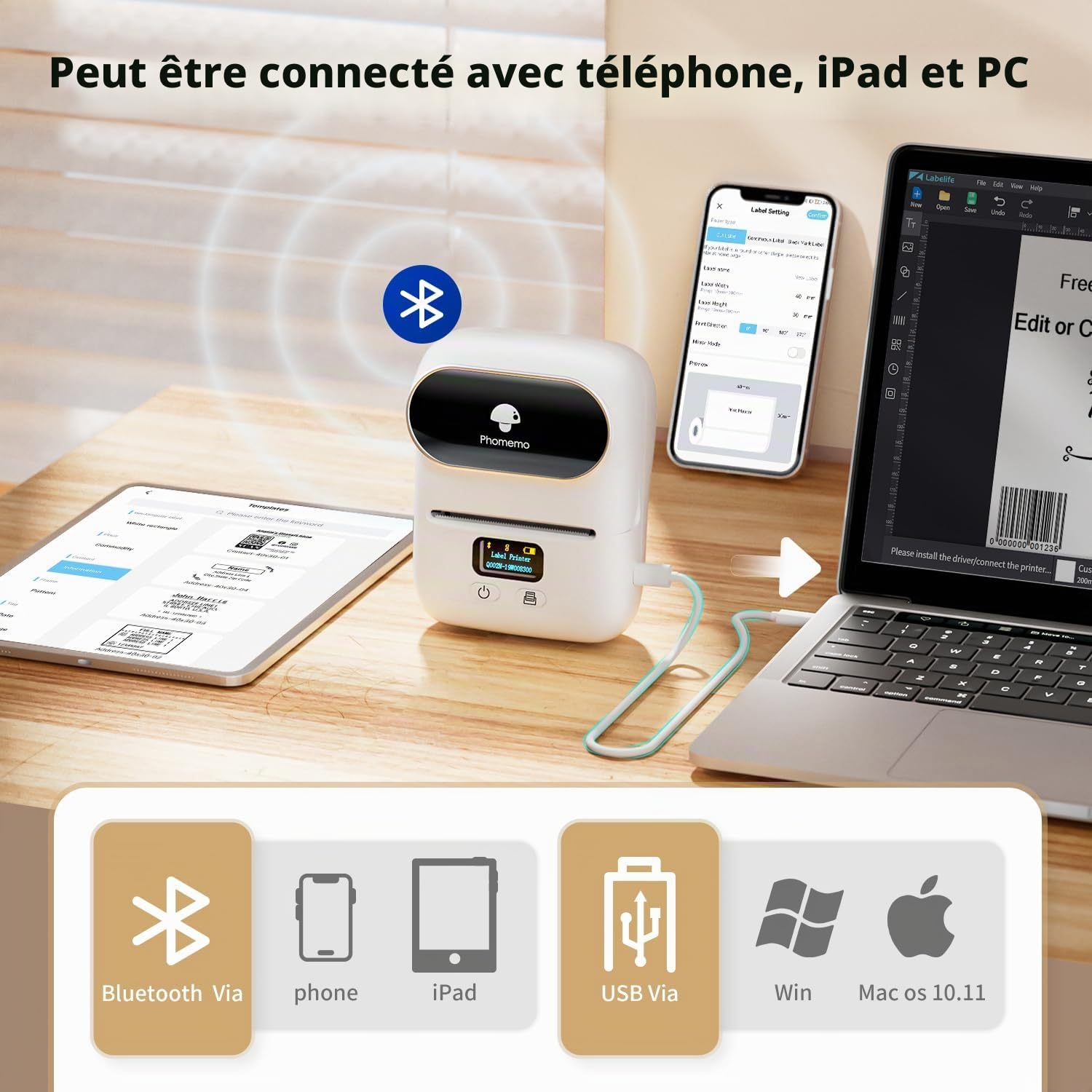 Phomemo M110 Imprimante Etiquette Thermique， Mini éTiqueteuse Bluetooth éTiqueteuse Autocollantes Imprimante Portable Thermique Compatible avec iOS Android pour La Maison, Le Bureau Et Les Petites