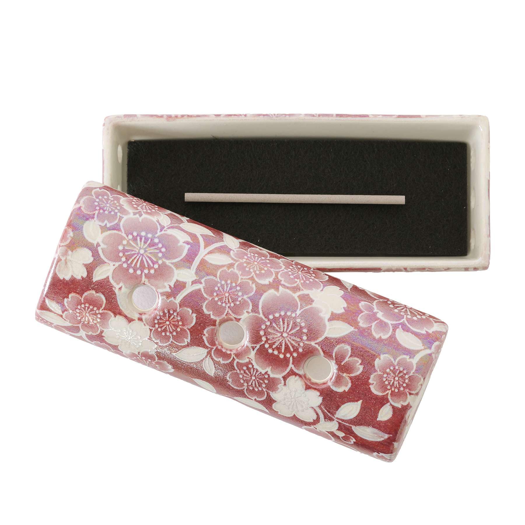 Mino Ware Horizontal Incense Burner Wine Red Floral Ceramic Japan