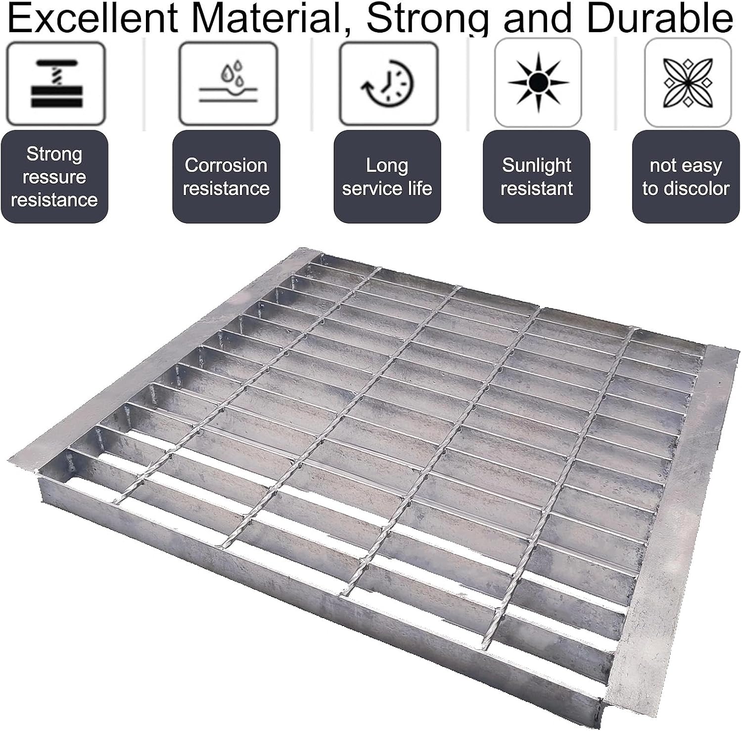 Galvanized Steel Drain Grate with Lip 18x18 in, B-Class 28100 lbs Heavy-Duty Driveway Channel Cover w/Base, Outdoor Trench Drainage Grate, Silver Square Metal Sewer Cover for Garage