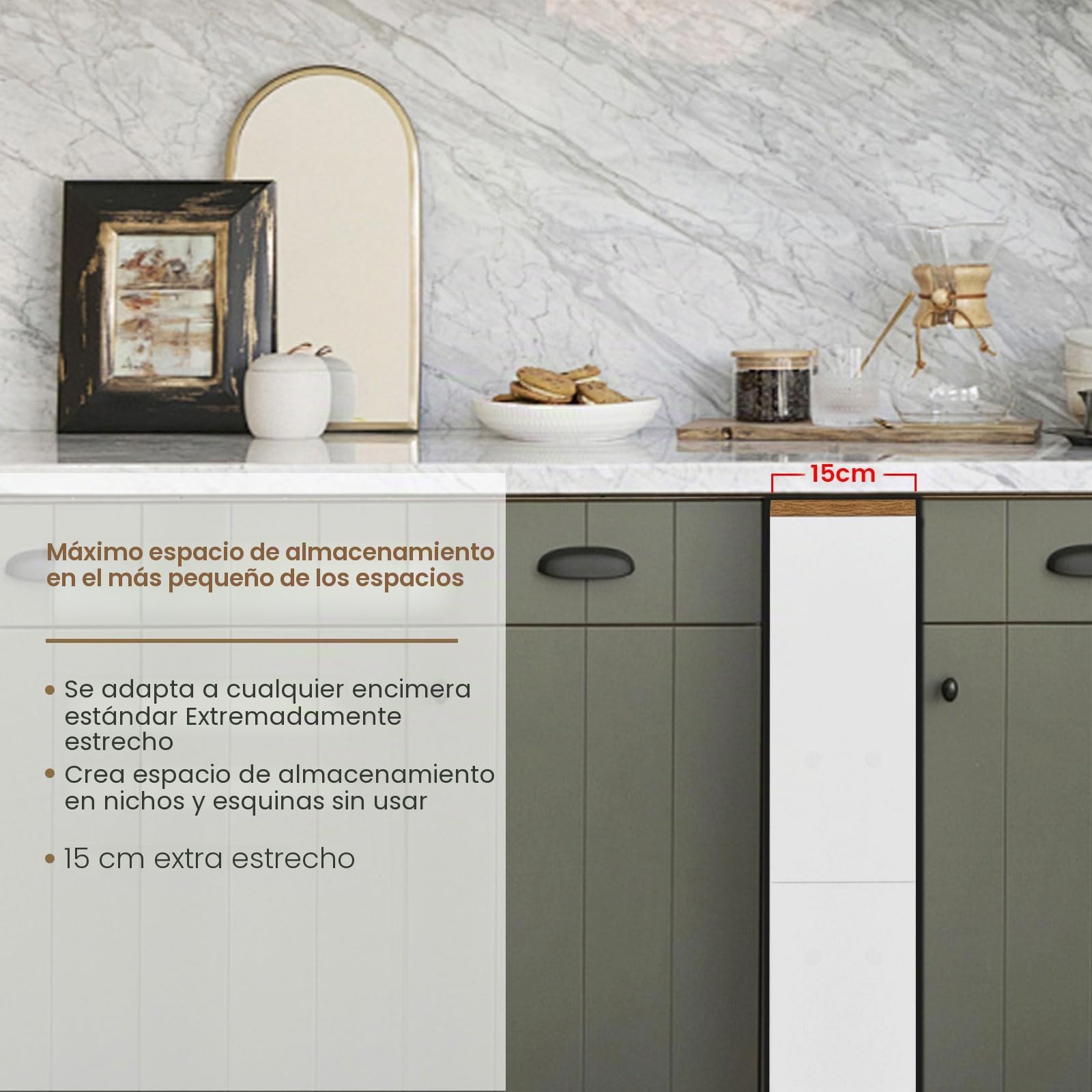 Carrito de Cocina de 4 Niveles, Carro Auxiliar Estrecho con Ruedas, Estante Nicho con Asa, Mueble de Almacenaje Ahorra Espacio para Cocina, Baño, Oficina, 40x15x80cm, Blanco+Roble Claro
