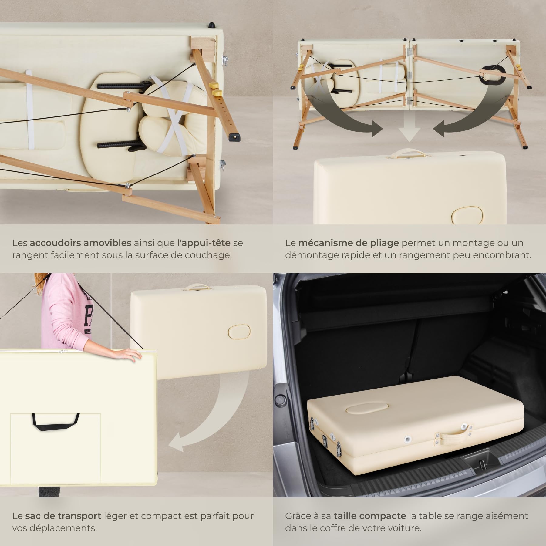 tectake Table de Massage 2 Zones Pliante Cosmetique Lit de Massage Table Esthetique Tatouage Portable avec Repose Bras, Housse de Transport Incluse - Beige