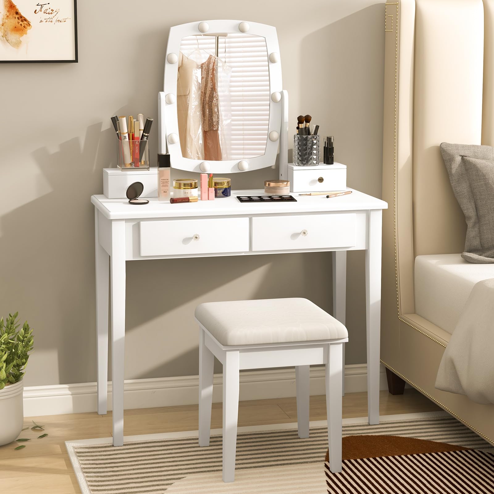 GOFLAME Vanity Table Set with Rotatable Lighted Mirror, 2-in-1 Makeup Table Writing Desk with 3-Color Dimmable LED Lights, 4 Drawers, Dressing Table with Cushioned Stool for Bedroom (White)