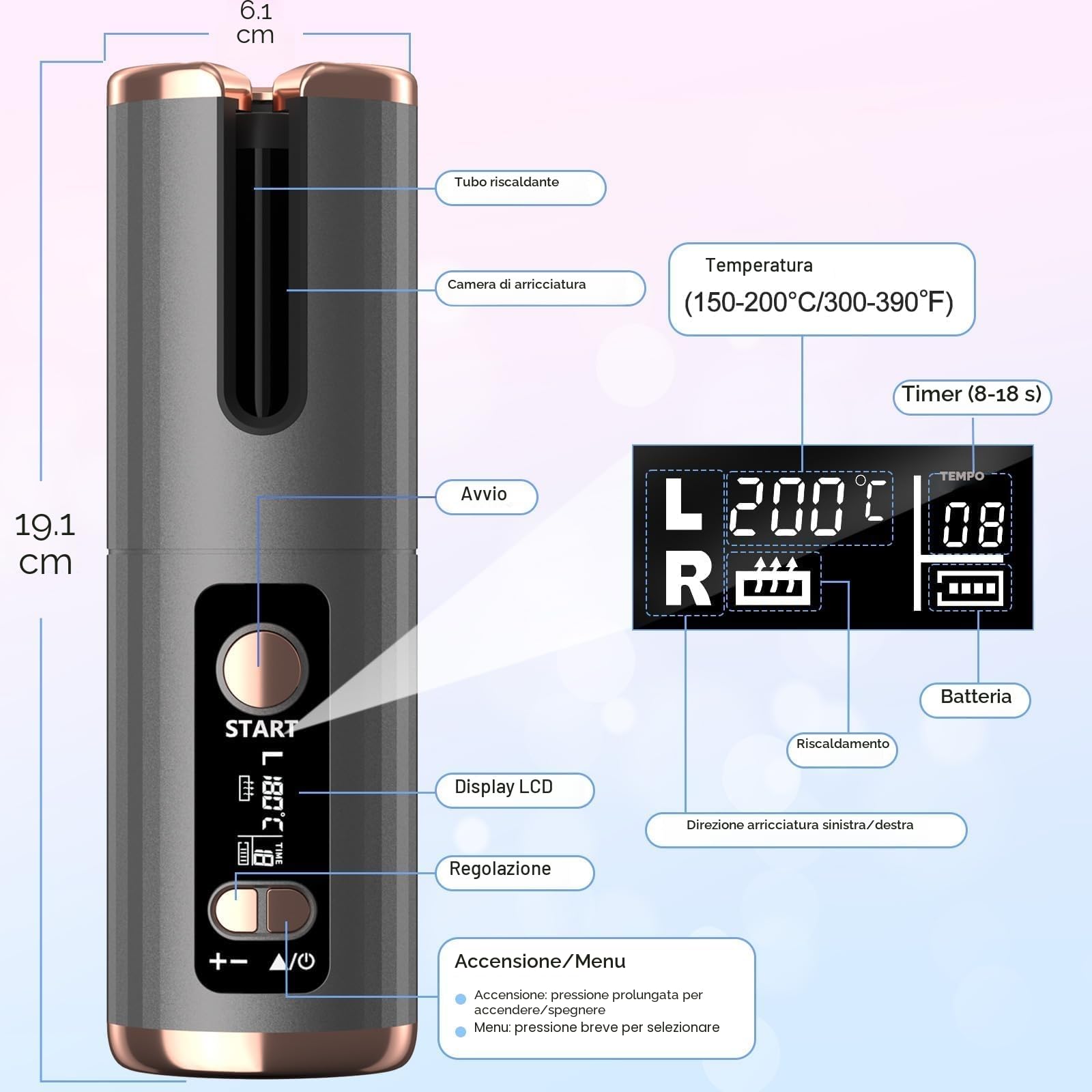 Ferro Arricciacapelli Automatico, Piastra per Capelli Ricaricabile Senza Fili, 6 Temperature, 8-18s Timer, Rivestimento in Ceramica Tormalina, Auto Spegnimente, Promemoria intelligente, Display a LED