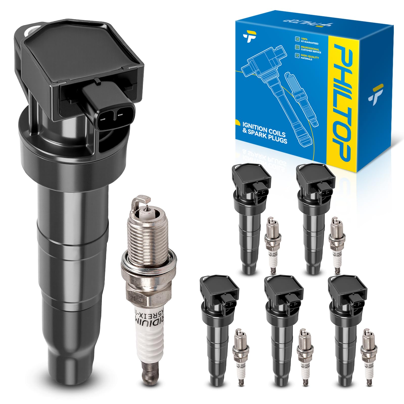 PHILTOP UF546 Ignition Coil Pack and Spark Plug Kit Fit for Hyundai Sonata | 2006-2008, 2006-2010 Hyundai Sonata 2.4/3.3L, 2007-2009 Santa Fe 3.3L, 2007-2009 Kia Sorento, 2006-2012, 2014 Kia Sedona