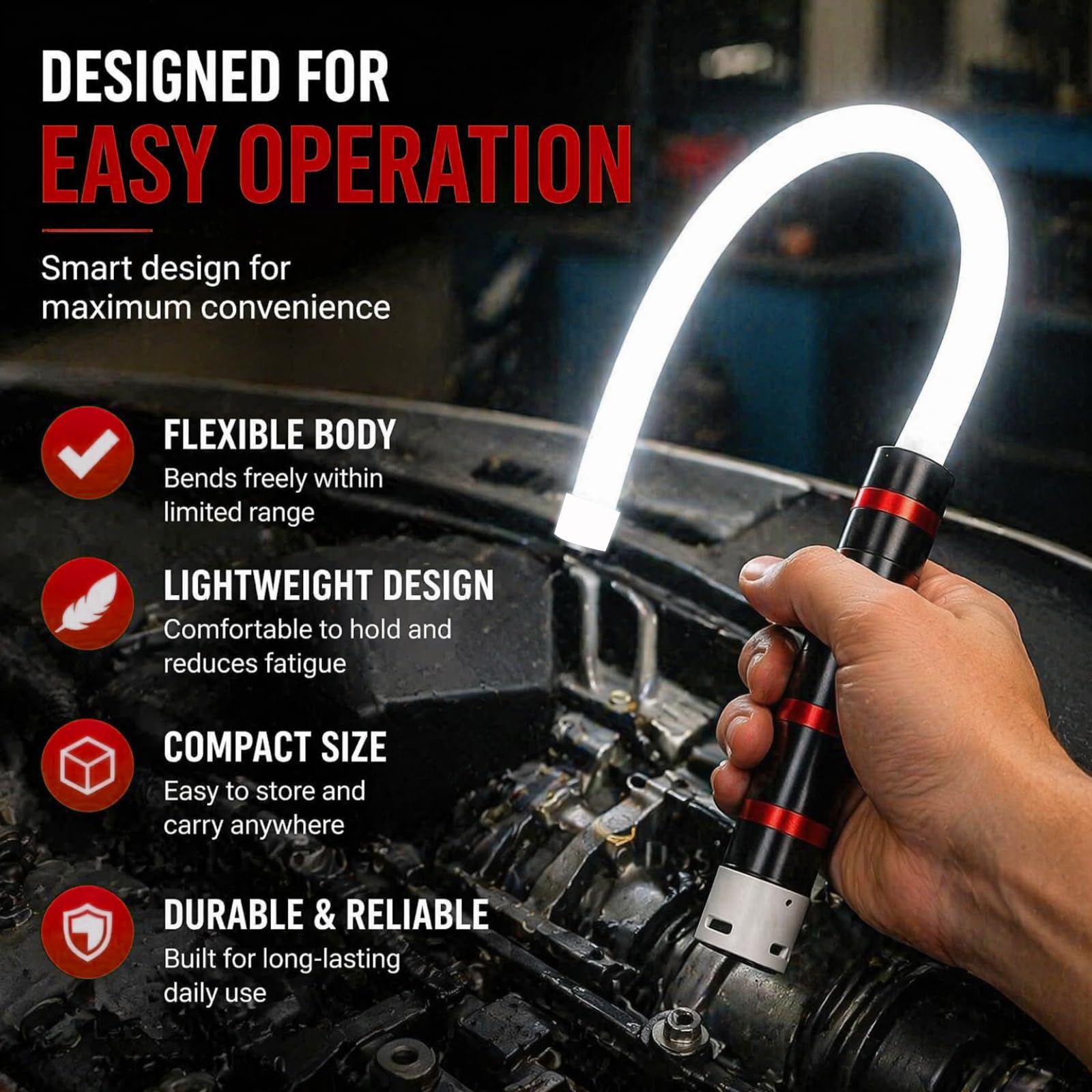 LED Arbeitsleuchte, flexible biegsame LED Taschenlampe mit 3 Helligkeitsstufen, tragbare mechanische Arbeitsleuchte für enge Bereiche, Autoreparaturen und technische Inspektionen im Werkstattbereich