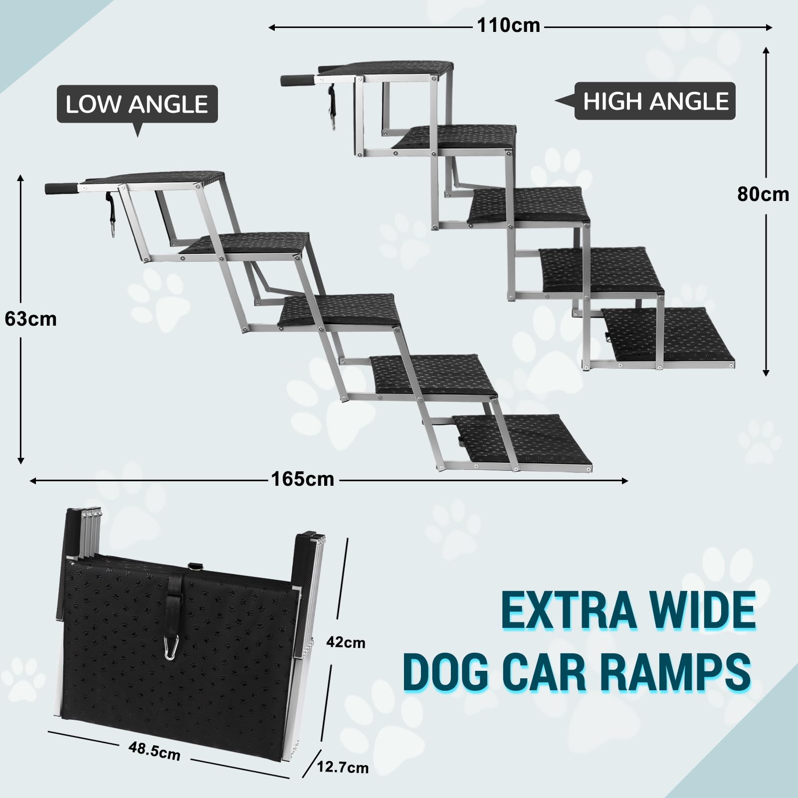 Hundetreppe Auto Klappbar- Hundetreppen Große Hunde [bis 113kg] - Gelenkschonende Einstiegshilfe Hunde Auto SUV - Hundeleiter Faltbar mit Anti-rutsch Einsatz - 5 Stufen Extraweit Silbernes Eisenrohr