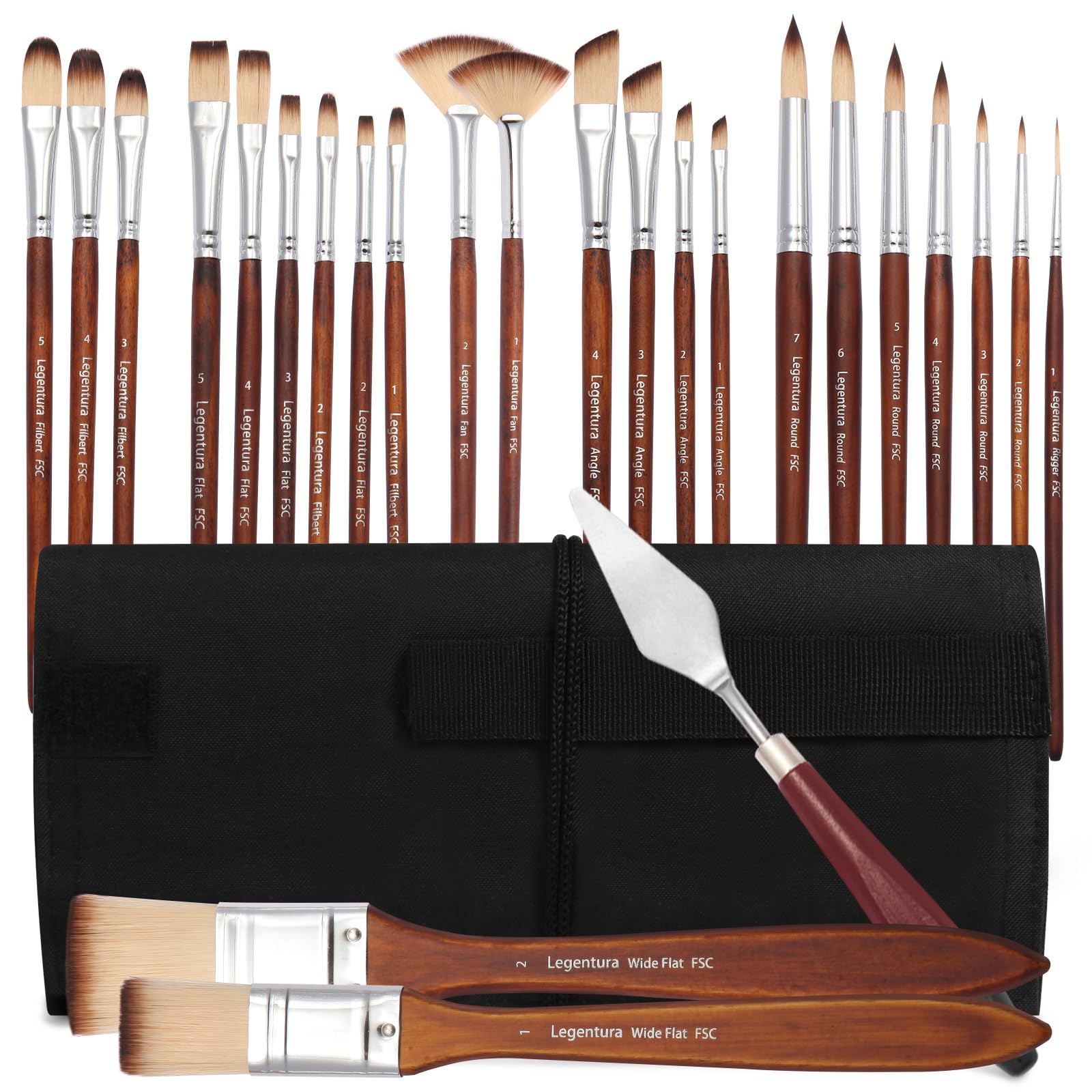 Set di 25 pennelli professionali per pittura acrilica, olio e acquerello con forme piatte, filbert, a ventaglio, rotonde, liner e pugnali, setole sintetiche e custodia da viaggio