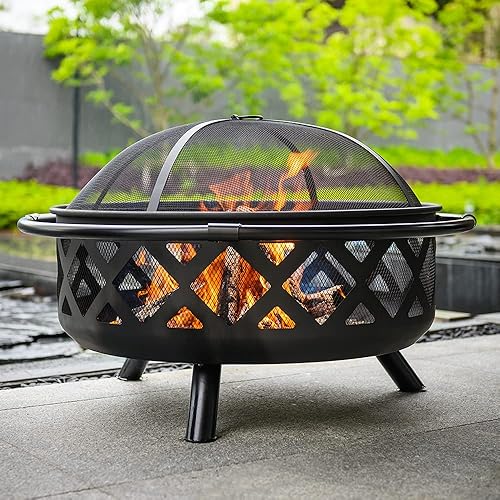 Outdoor Fire Pits- 36 Inch Large Fire Pits Outdoor Wood Burning Firepit with Round Spark Screen, Metal Grate and Fire Poker, for Bonfire Wood Burning Steel Patio,Backyard Firepit