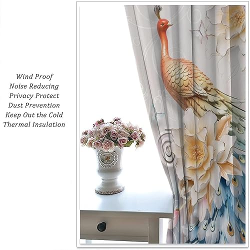 Miniatura 118 de Cortina opaca con estampado de pavo real, con estampado de animales retro, con bolsillo para cortinero y flores de peonía doradas, para dormitorio,