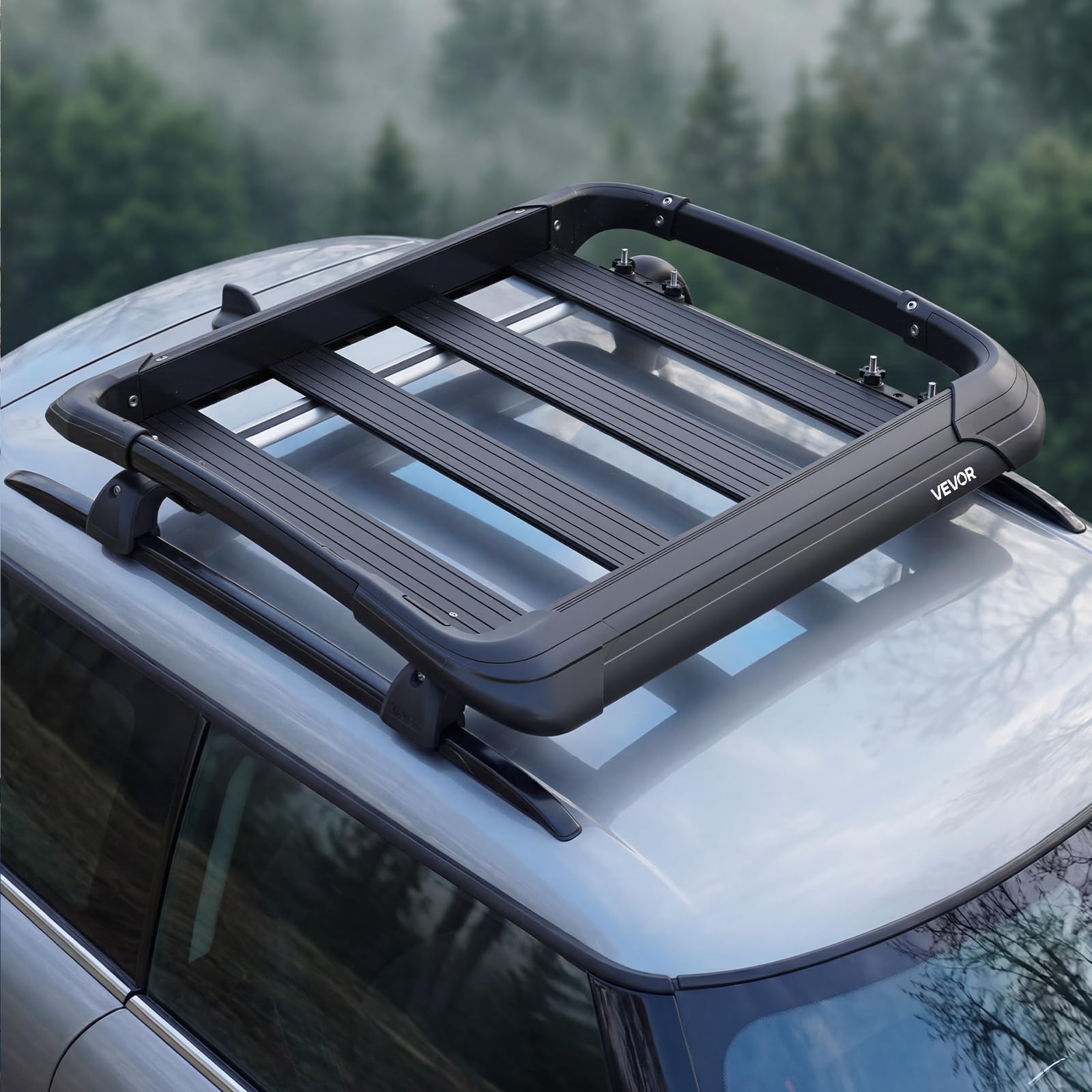 VEVOR Cesta de Techo para Coche 96,5 x 96,5 x 14,2 cm, Portaequipajes para Techo Carga de 68,04 kg, Portaequipajes de Coche Compatible con Barras Transversales de hasta 9 x 5 cm, para SUV, Camioneta
