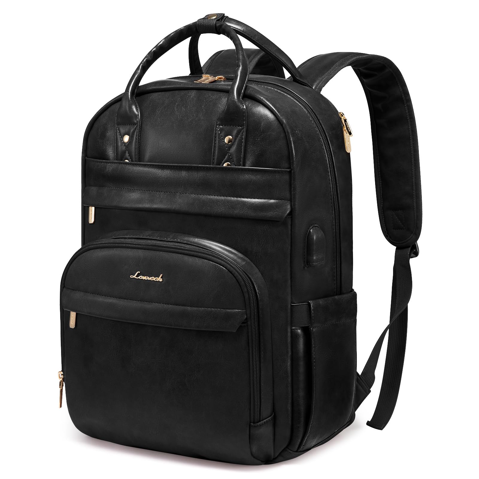 LOVEVOOK Vintage PU Leather 15.6 inch Women's Laptop Backpack, Black, 25L, Water Resistant, USB Charging Port