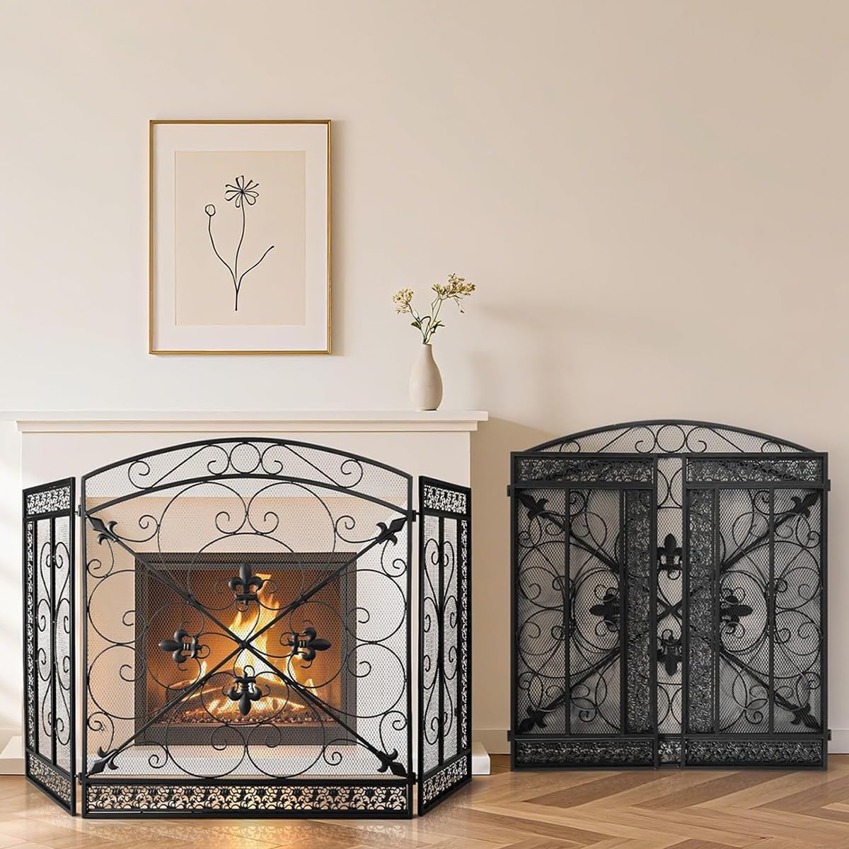 Salvachispas Chimenea 3 Paneles Autoportante De Hierro Forjado Negro - Protector Chimenea para Interior Y Fogones Exteriores. Protector Niños para Chimeneas De Leña