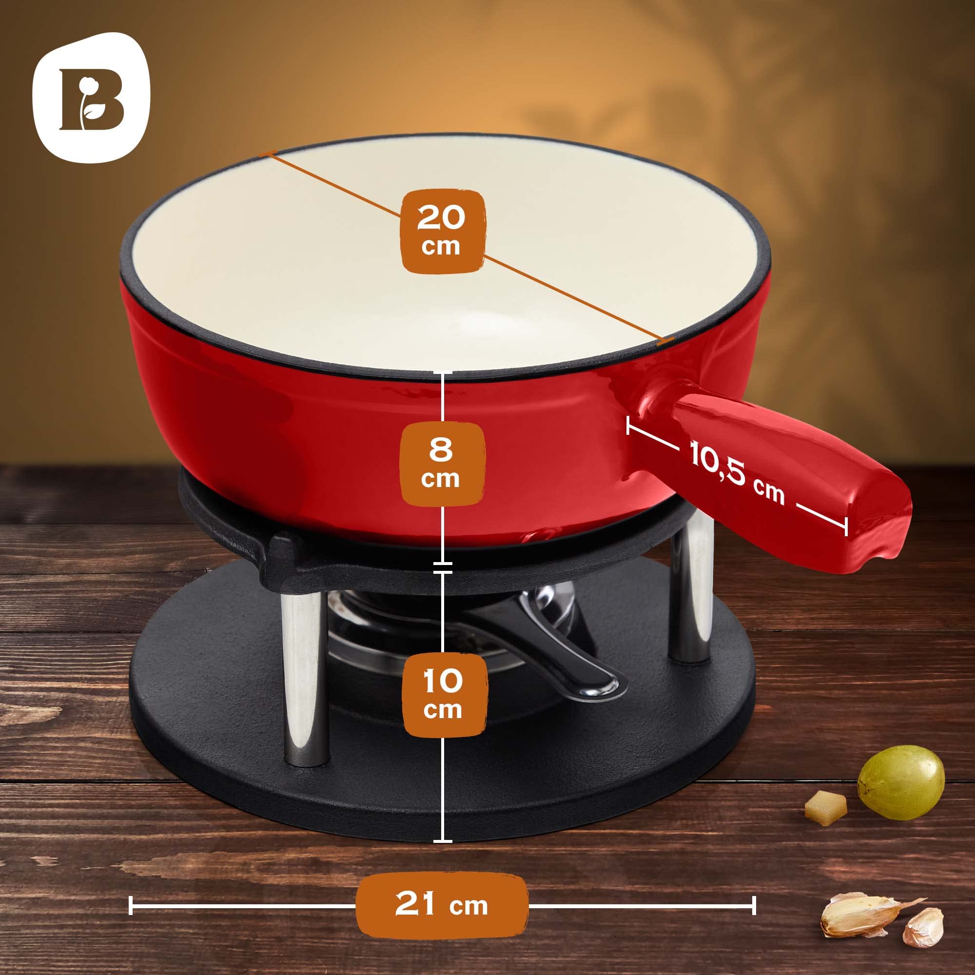 Juego de Fondue de Hierro Fundido para 6 Personas | 2 litro | Juego de Fondue de 9 Piezas | esmaltado Adecuado para Fondue de Queso Fondue de Chocolate para Fondue de Carne