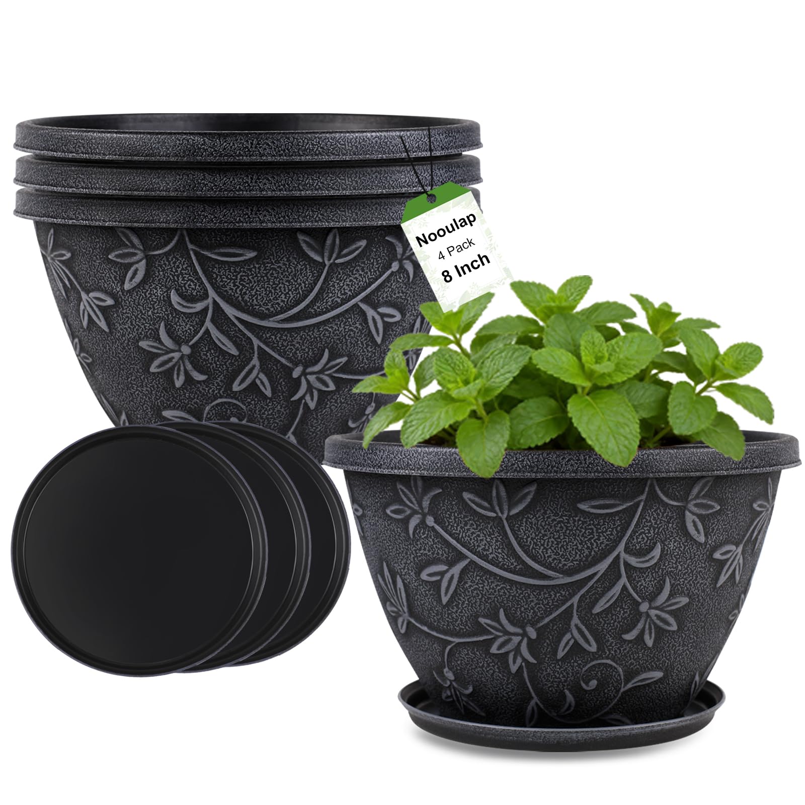 Nooulap 4 Pack 8 Inch Flower Pots