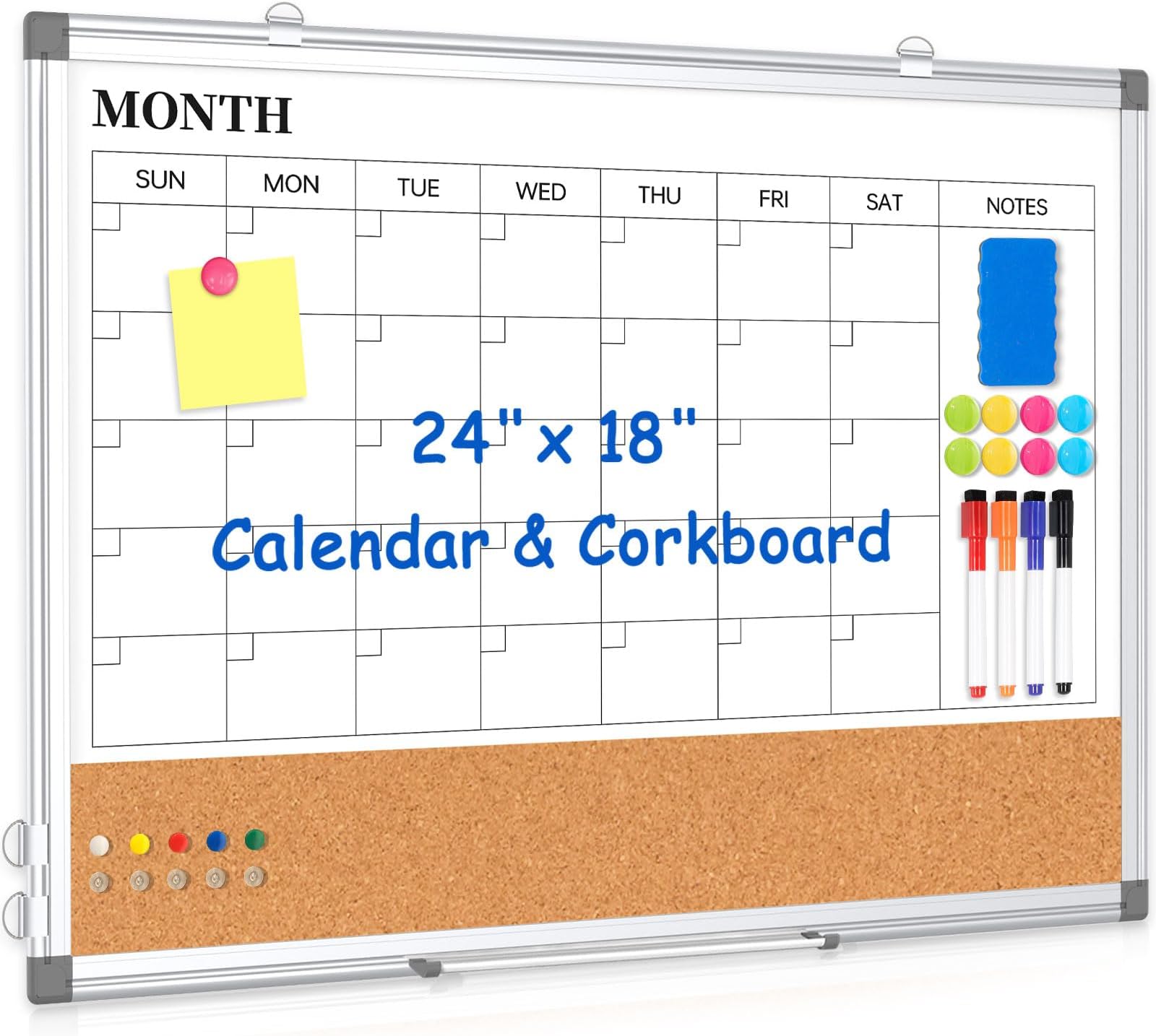 Monthly Calendar Whiteboard Dry Erase Cork Board Combo for Wall, 24" x 18" Double-Sided Calendar White Board and Bulletin Board, Portable Board for Office, Kitchen, School, Home