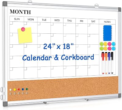 Monthly Calendar Whiteboard Dry Erase Cork Board Combo for Wall, 24" x 18" Double-Sided Calendar White Board and Bulletin Board, Portable Board for Office, Kitchen, School, Home
