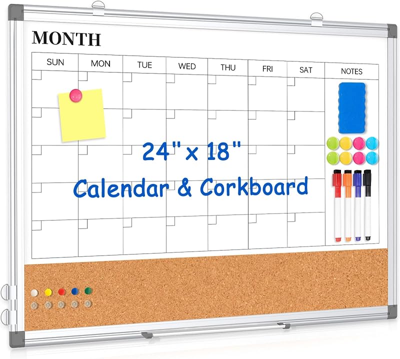 Dry Erase Calendar Whiteboard for Wall, 24" x 18" Monthly Cork White Board | Double-Sided Magnetic, Calendar Cork Whiteboard Combo, Aluminium Frame, Bulletin Portable Board, Home Office School