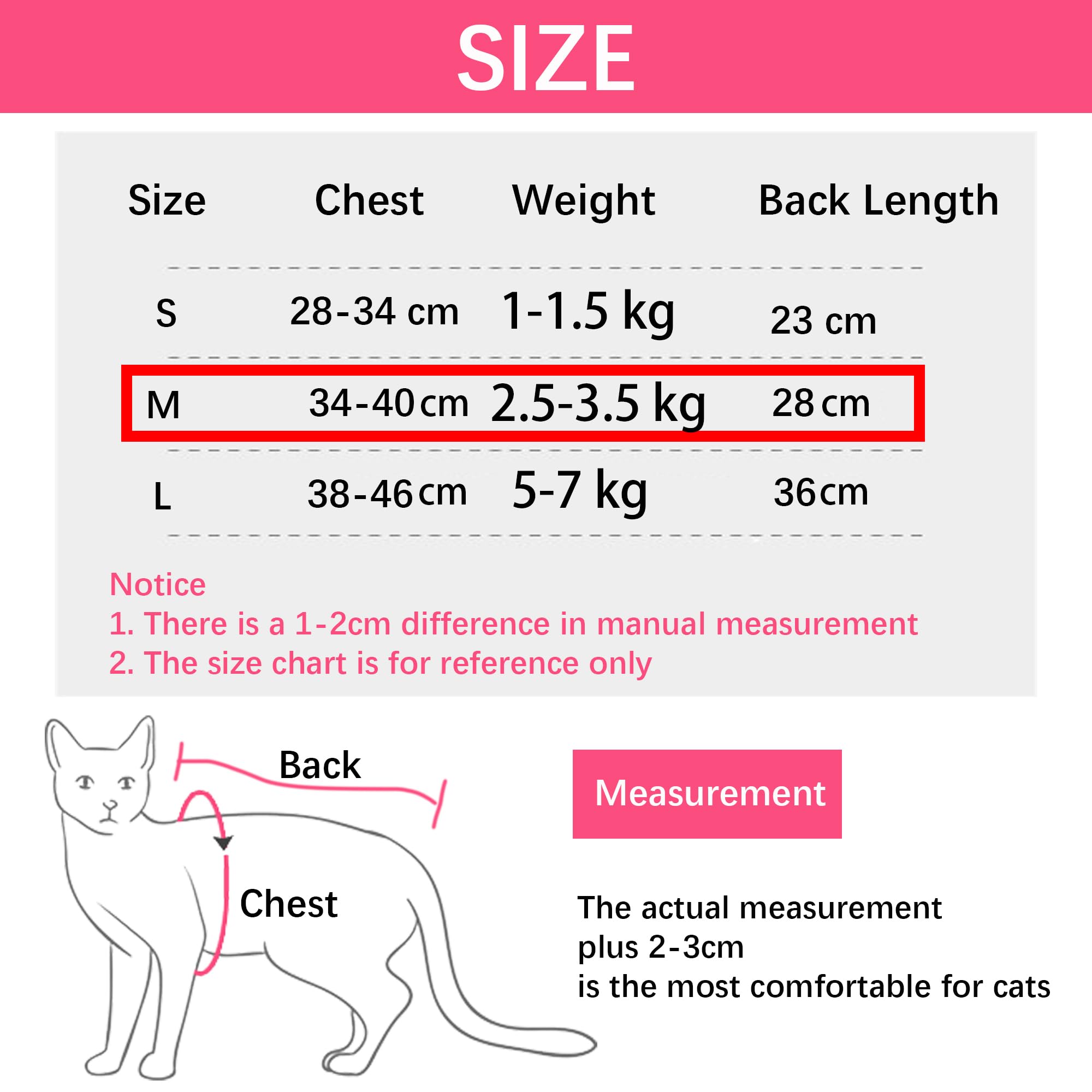M 2.5-3.5kg Cat Professionnel Restauration Convient pour abdominaux Collerette des plaies ou des Maladies de la Peau, Gilet Chat Anti lechage, après la Chirurgie Porter (Rose)