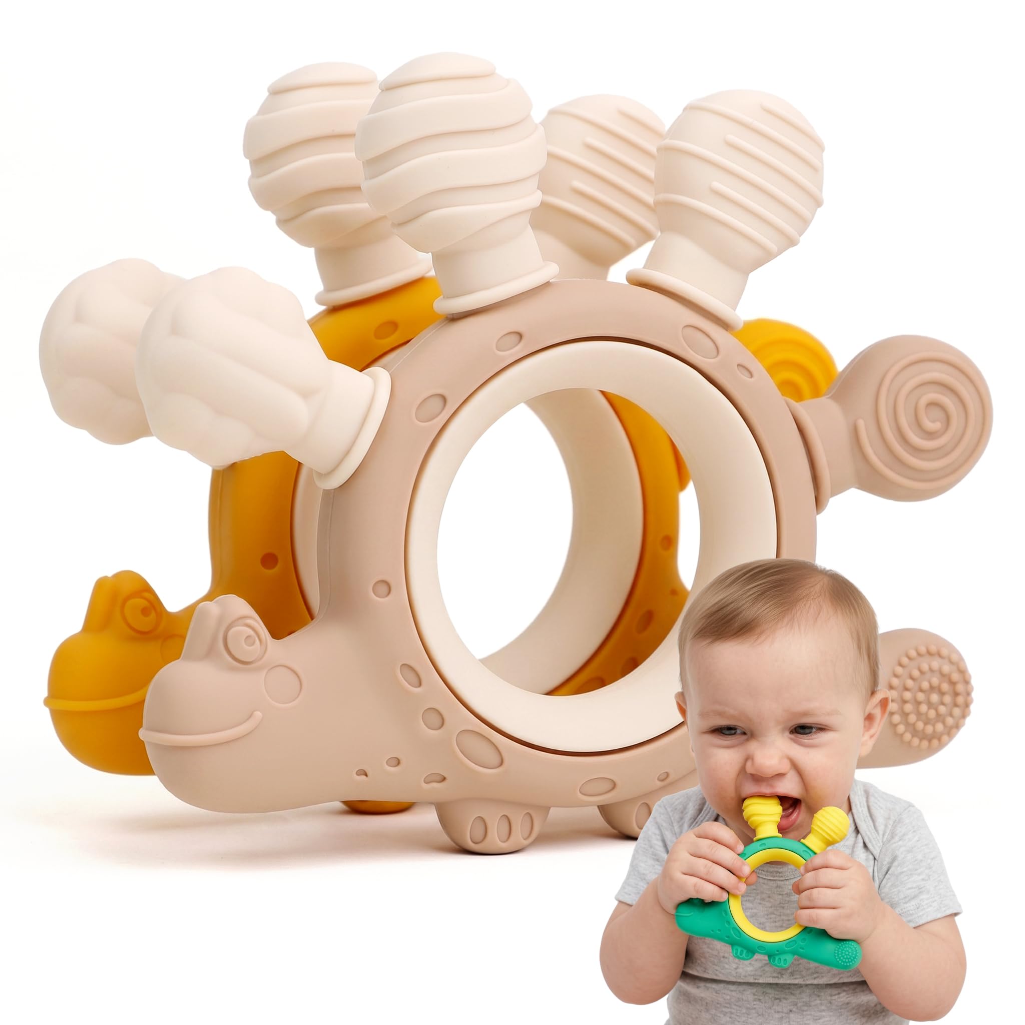 ETETOO Dinosaur Silicone Teething Toys for Baby(Yellow+Khaki)