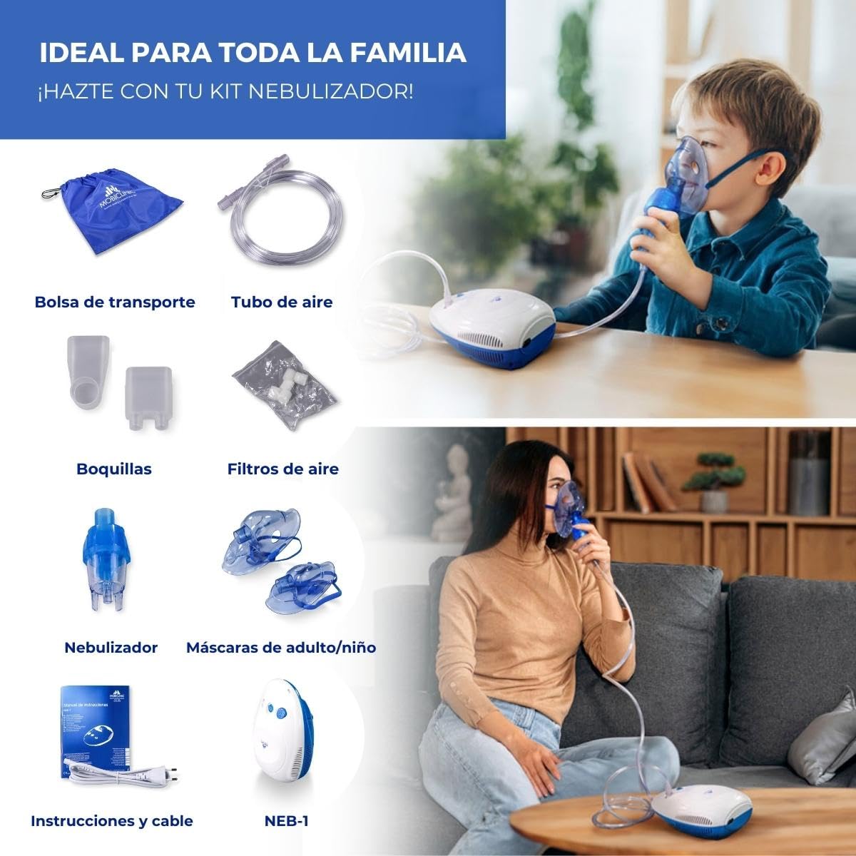 Mobiclinic®, Nebulizador con compresor, Portátil, Para niños y adultos, Bolsa de transporte. mini, Tratamiento enfermedades respiratorias, Máscaras varios tamaños, 5 filtros aire (Neb-1)
