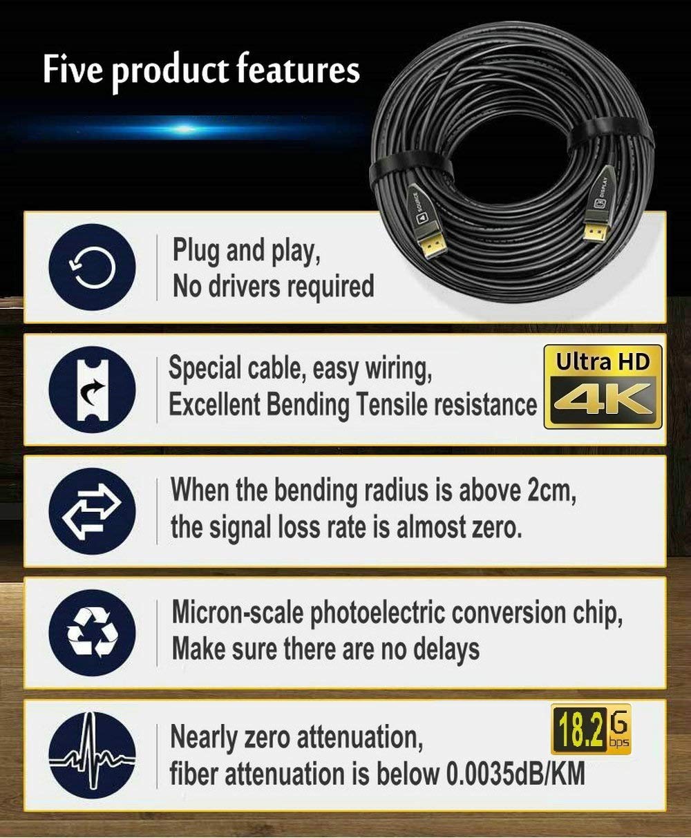 10 metrów DisplayPort (DP) do HDMI kabel światłowodowy AOC 18 G 4 K @60 Hz UHD pozłacany przewód do PC, karty graficznej, laptopa, monitora HDTV, odtwarzacza niebieskiego ray
