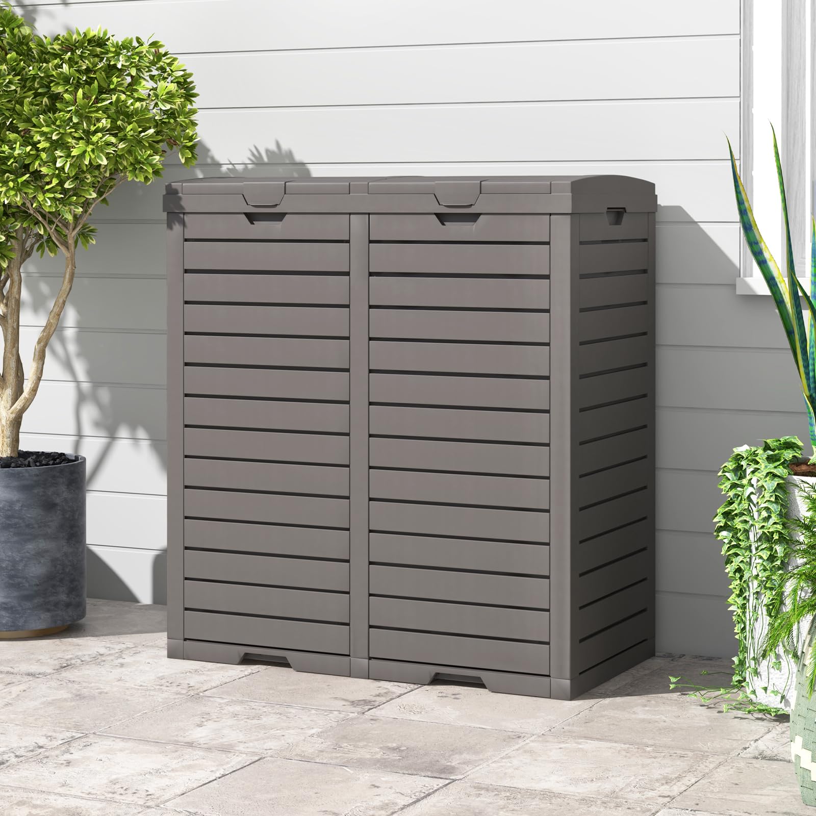 COSTWAY Poubelle Exterieur 235L, Poubelle de Jardin avec Couvercle et 2 Plateaux Extractiblex, Cerclage, Poubelle Tri Selectif 2 x 118L Étanche pour Porche, Arrière-Cour, Terrasse, Patio (Marron)