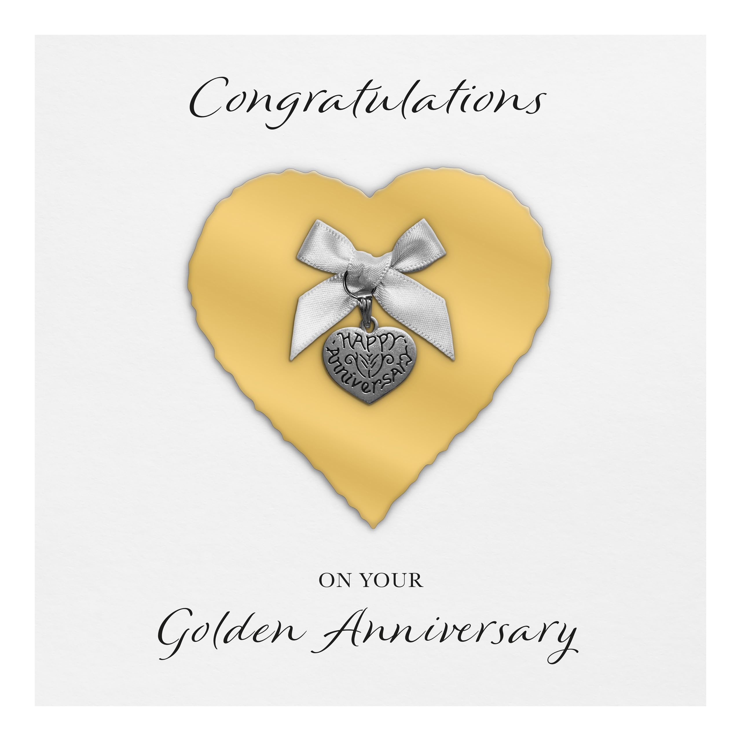Golden 50th Anniversary Card "Heart Charm & Bow" - Handmade UK (Gold Heart/White Bow, White Cardstock)